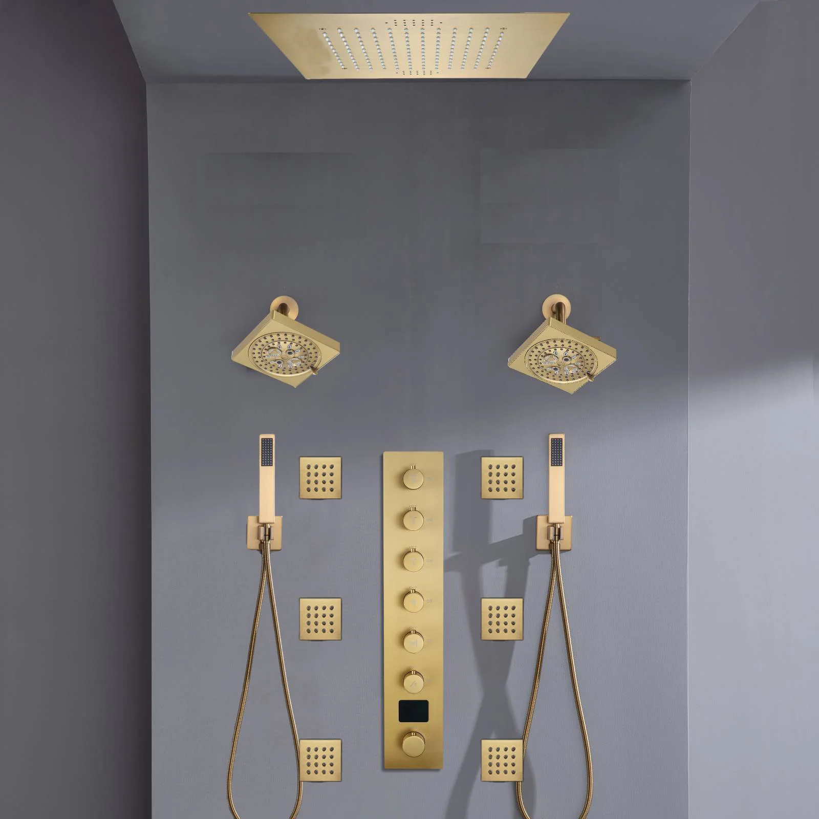 Flush mount 20 inch Rainfall shower head 6 way Digital display thermostatic Shower Faucet with Dual Regular Heads and Body Jets - Image 3
