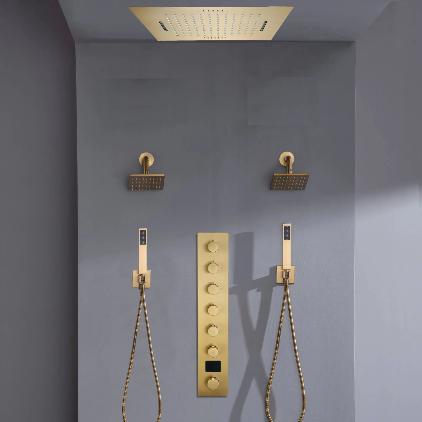 Flush mount 20 inch Rainfall Waterfall shower head 6 way Digital display thermostatic Shower Faucet with Dual Regular Heads