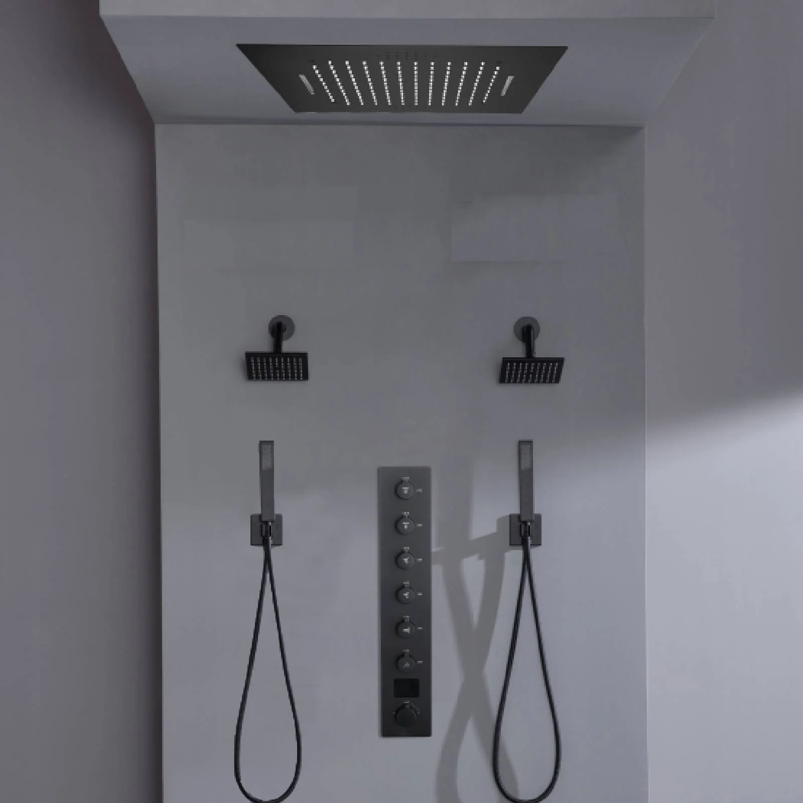 Flush mount 20 inch Rainfall Waterfall shower head 6 way Digital display thermostatic Shower Faucet with Dual Regular Heads - Image 12