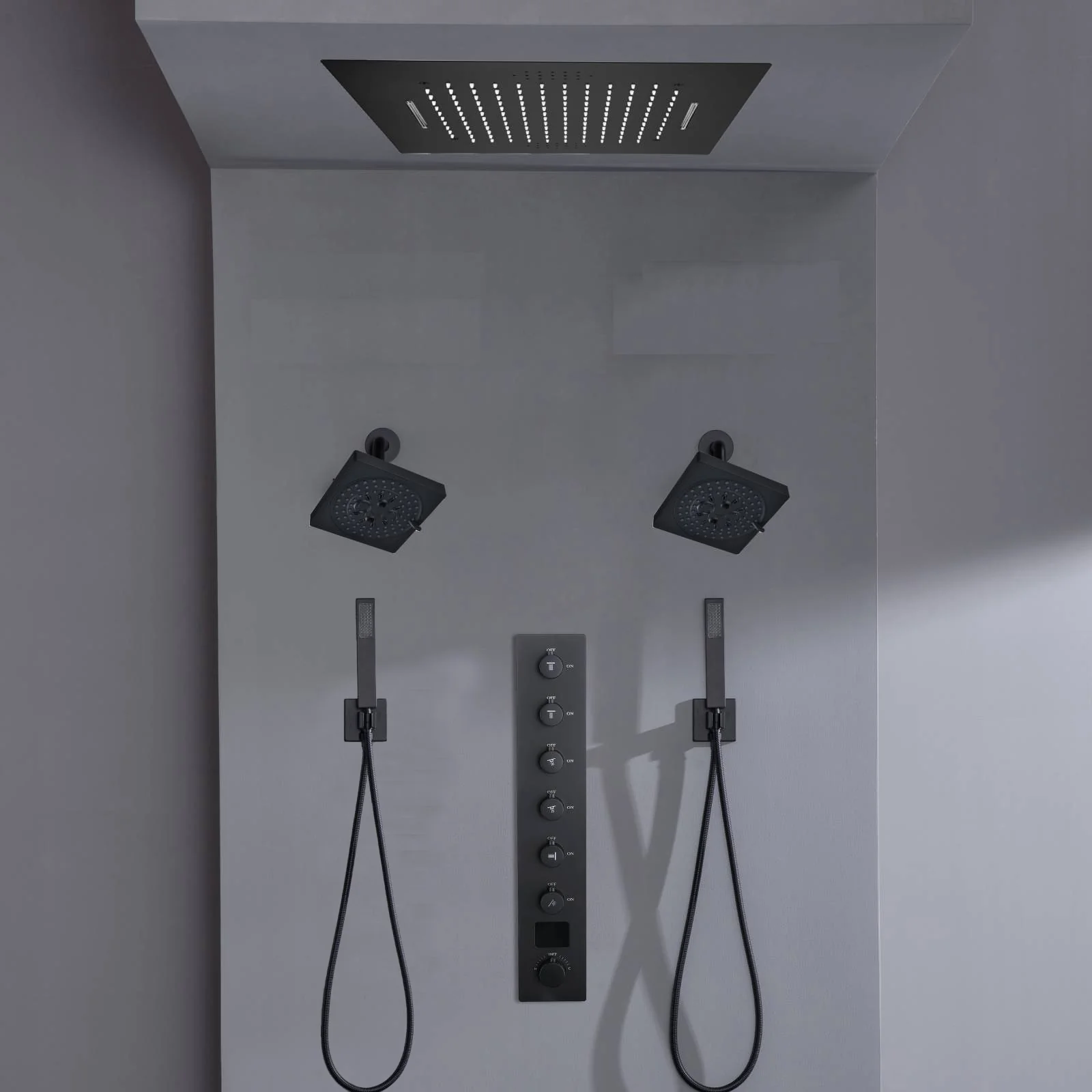 Flush mount 20 inch Rainfall Waterfall shower head 6 way Digital display thermostatic Shower Faucet with Dual Regular Heads - Image 13