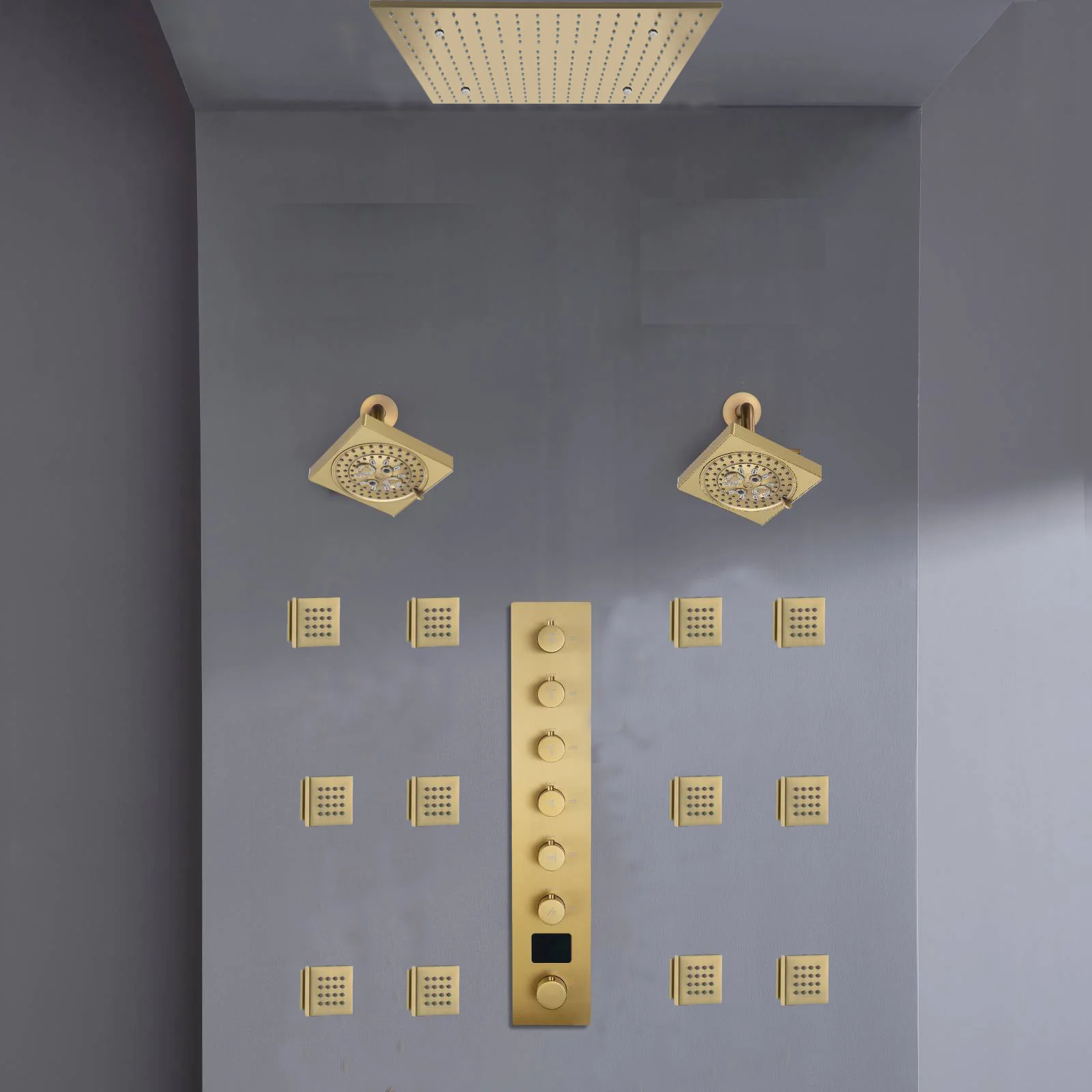 Ceiling mount 20 inch Rainfall Mist shower head 6 way Digital display thermostatic Shower Faucet with Dual Regular Heads and body jets