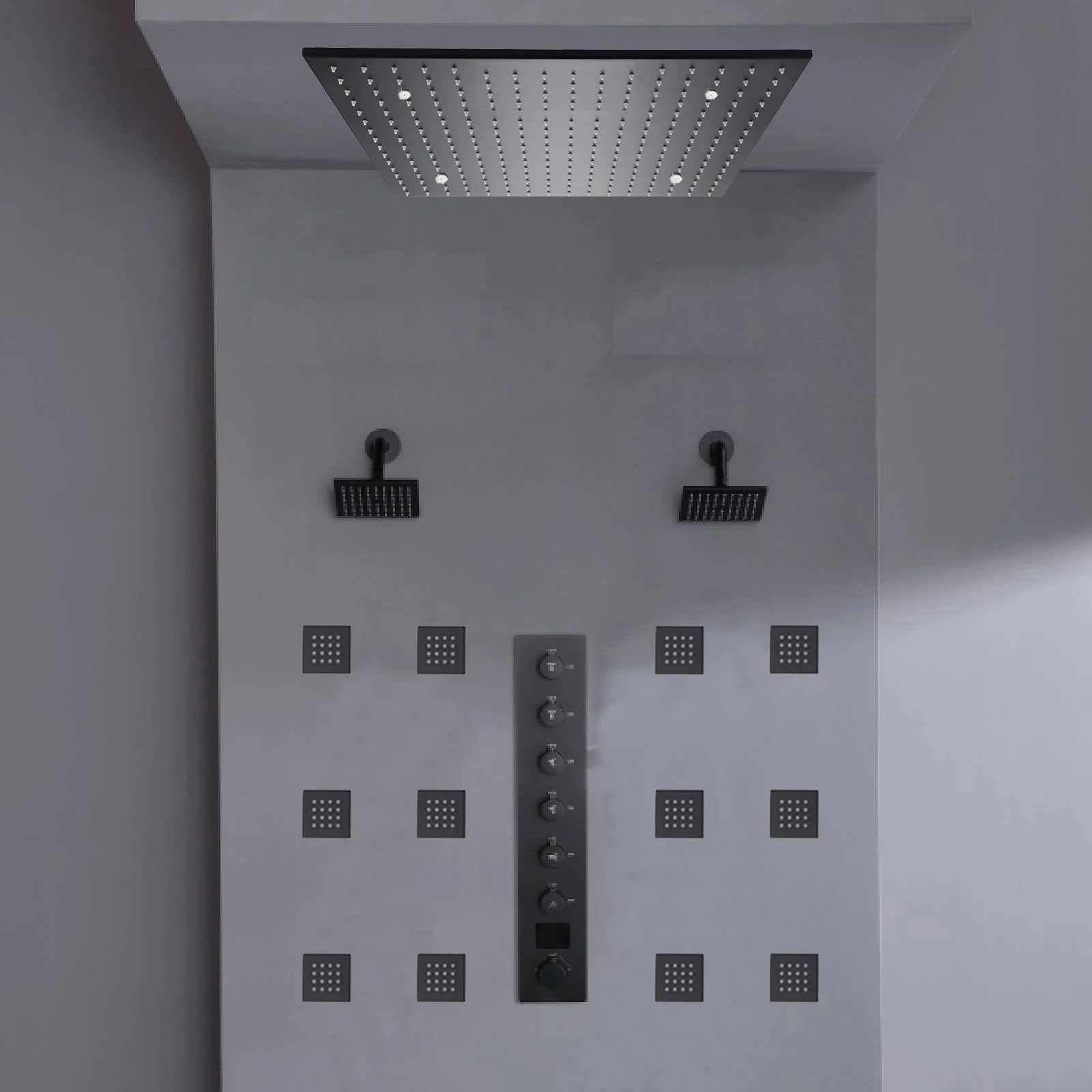 Ceiling mount 20 inch Rainfall Mist shower head 6 way Digital display thermostatic Shower Faucet with Dual Regular Heads and body jets - Image 7