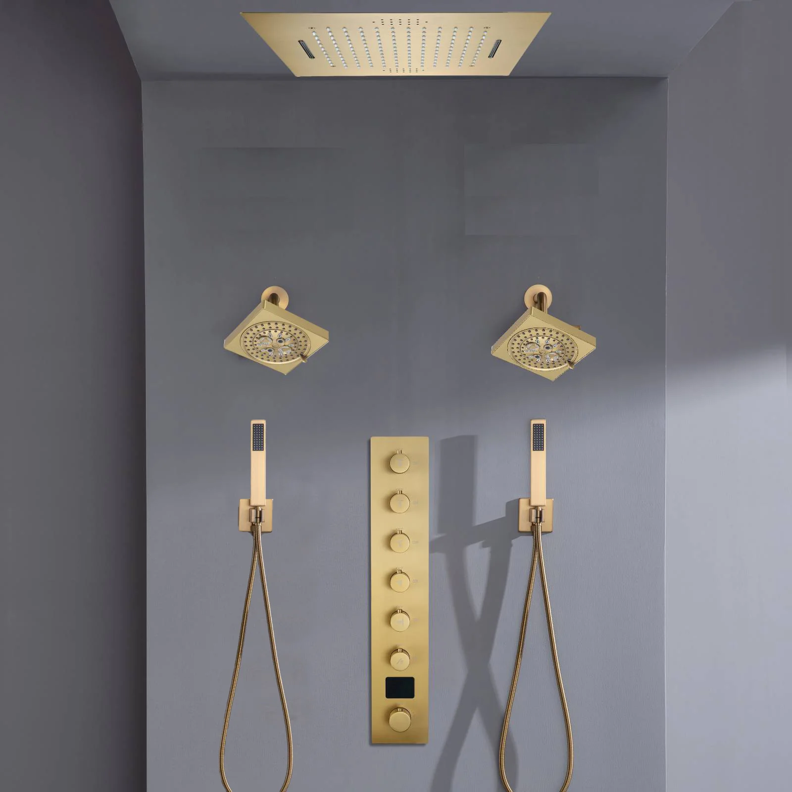 Flush mount 20 inch Rainfall Waterfall shower head 6 way Digital display thermostatic Shower Faucet with Dual Regular Heads - Image 2
