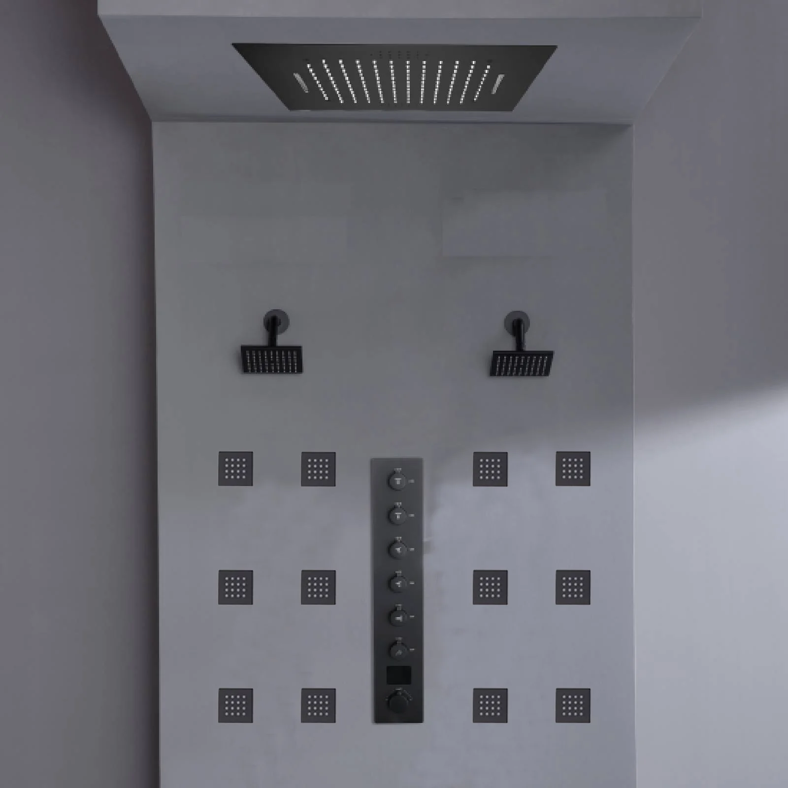 Flush mount 20 inch Rainfall Waterfall shower head 6 way Digital display thermostatic Shower Faucet with Dual Regular Heads and body jets - Image 10