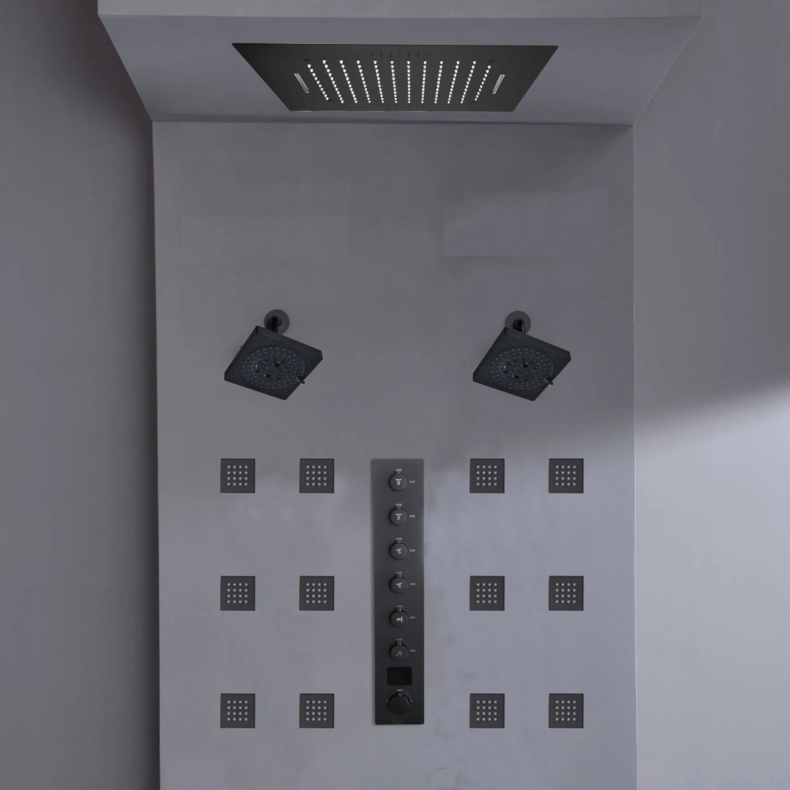 Flush mount 20 inch Rainfall Waterfall shower head 6 way Digital display thermostatic Shower Faucet with Dual Regular Heads and body jets - Image 11