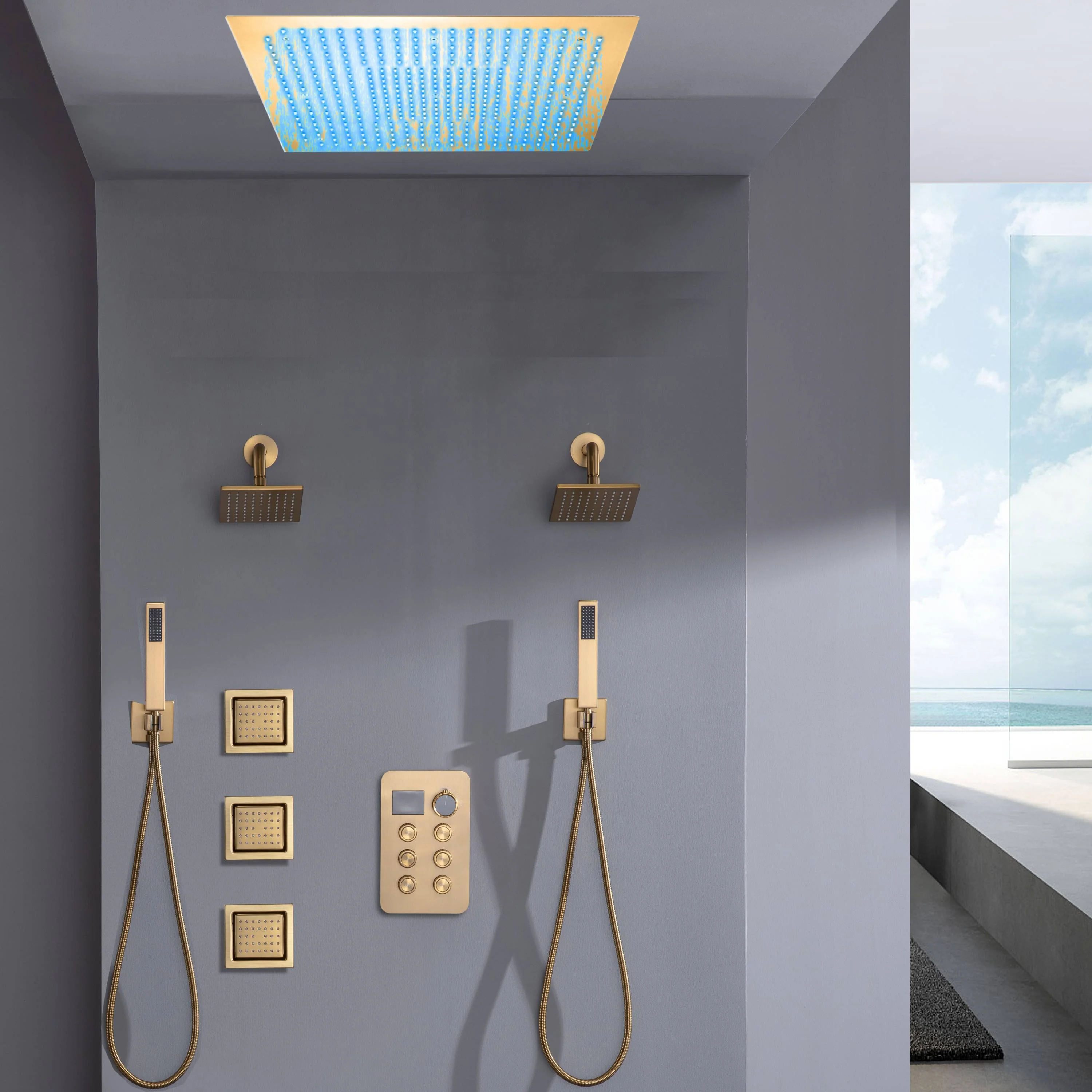 Flush Mount Shower Head with 6-Way Digital Faucet, Dual 6" Regular Head, Body Jets - Image 3