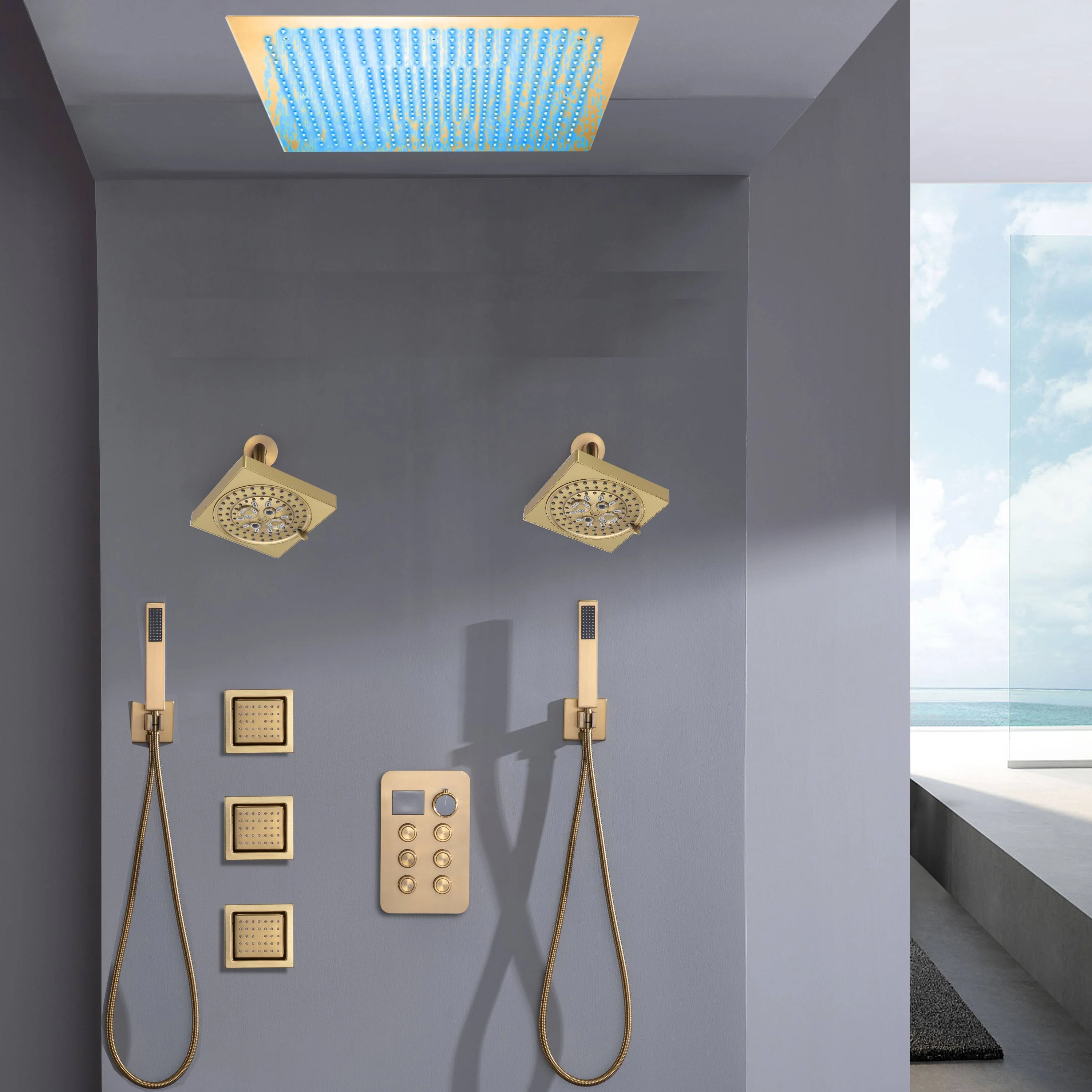 Flush Mount Shower Head with 6-Way Digital Faucet, Dual 6" Regular Head, Body Jets - Image 4