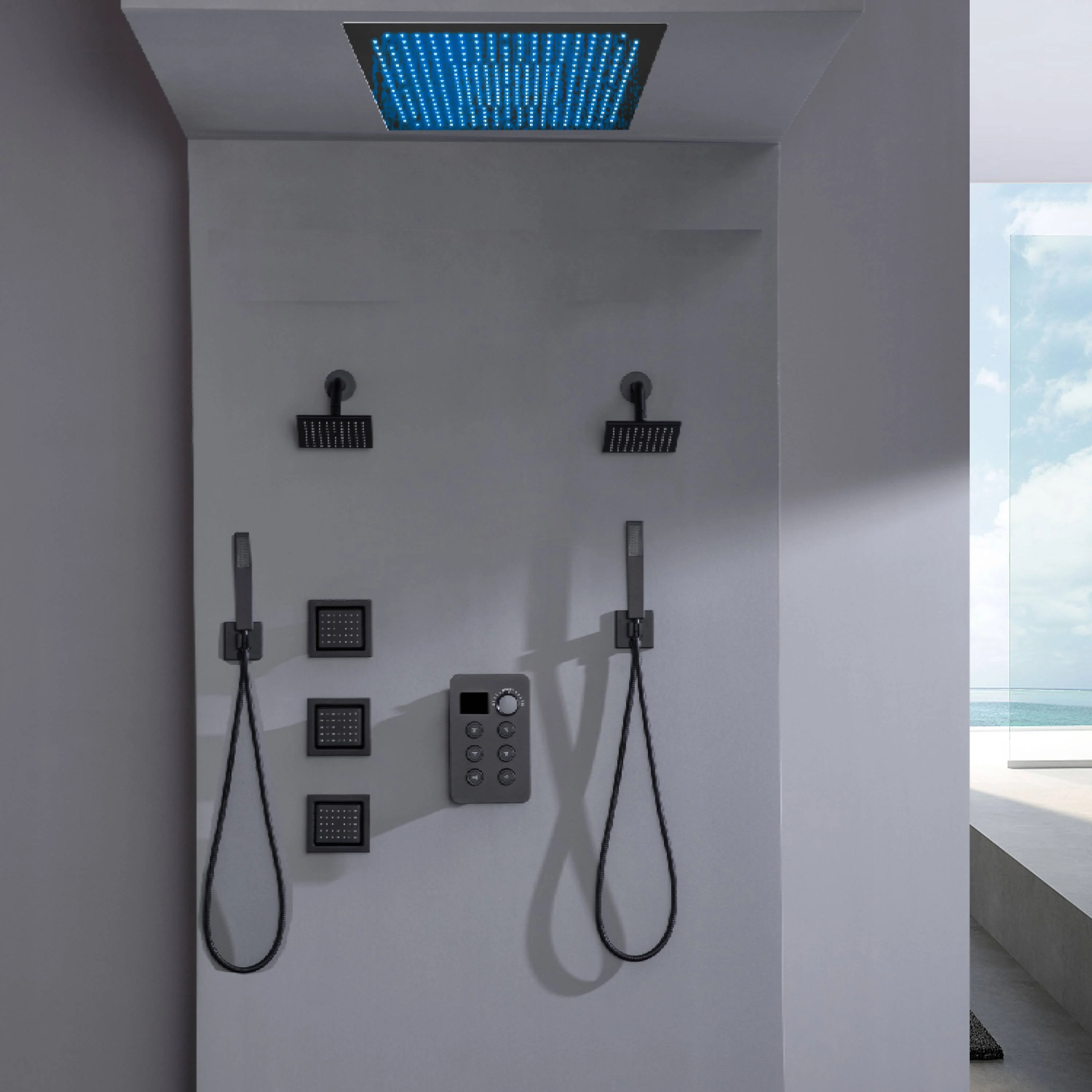 Flush Mount Shower Head with 6-Way Digital Faucet, Dual 6" Regular Head, Body Jets - Image 5