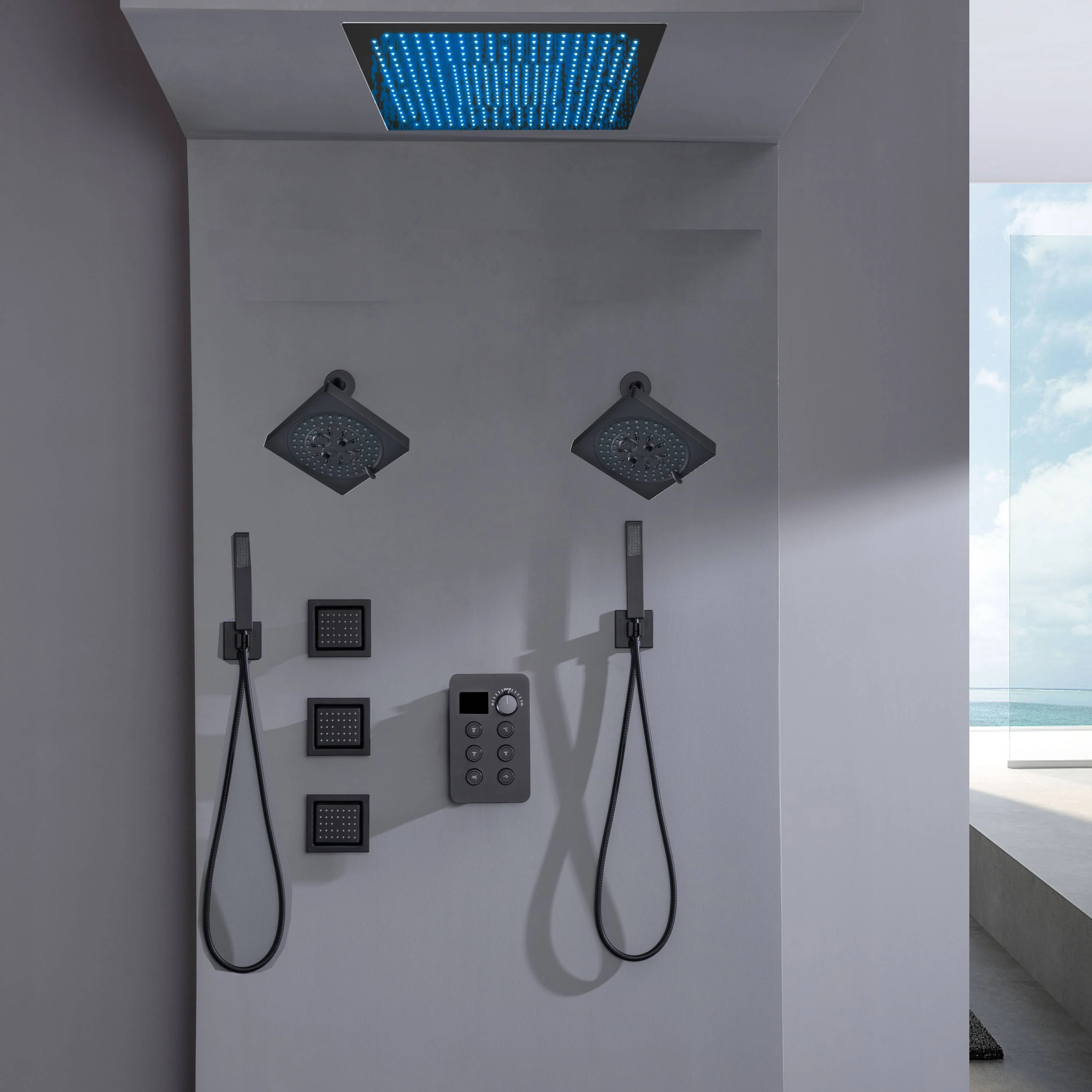 Flush Mount Shower Head with 6-Way Digital Faucet, Dual 6" Regular Head, Body Jets - Image 6