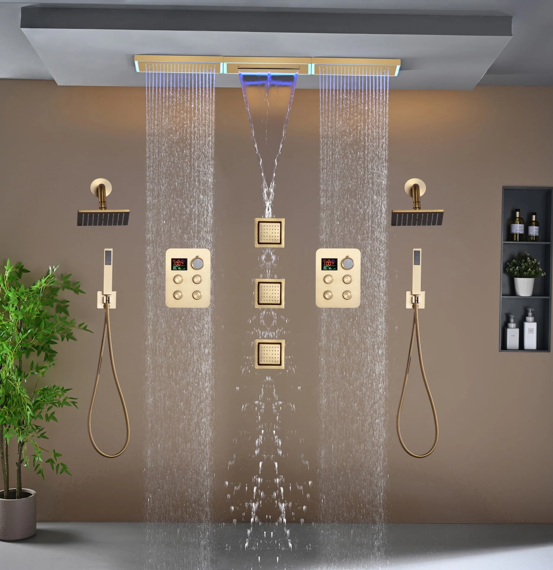 Flush Mount 48 x 8 inch Rainfall Waterfall 64 LED Light Shower Head with 8-Way Thermostatic Faucet and High-Pressure Wall Mount Regular Shower Head and 3 Body Jets - Image 12