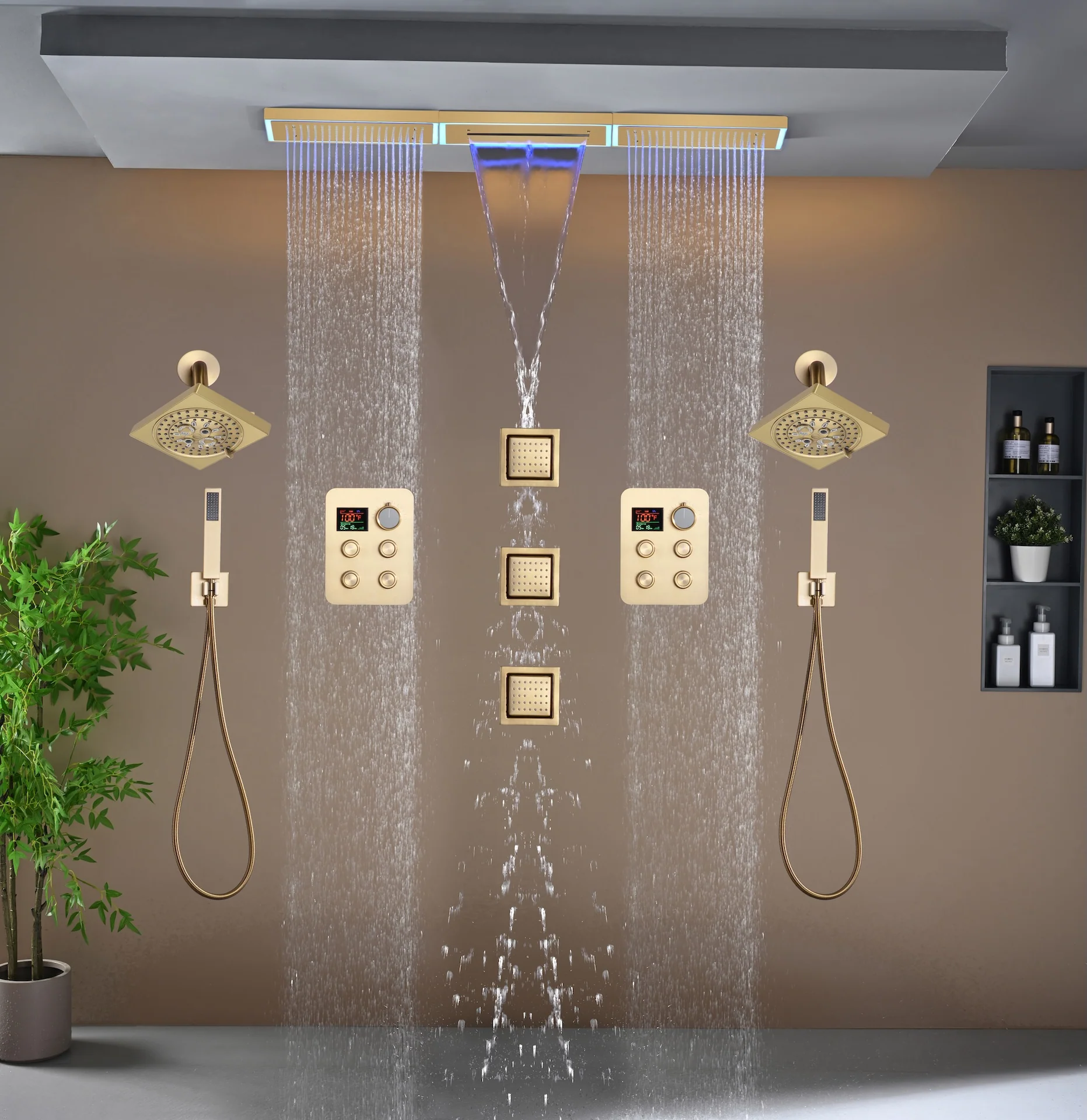 Flush Mount 48 x 8 inch Rainfall Waterfall 64 LED Light Shower Head with 8-Way Thermostatic Faucet and High-Pressure Wall Mount Regular Shower Head and 3 Body Jets - Image 13