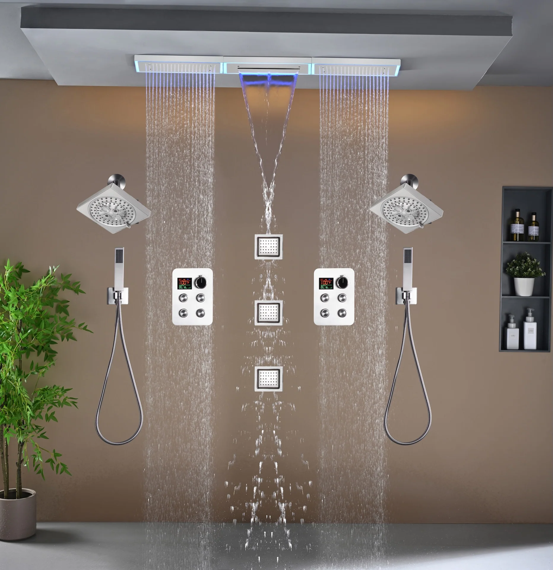 Flush Mount 48 x 8 inch Rainfall Waterfall 64 LED Light Shower Head with 8-Way Thermostatic Faucet and High-Pressure Wall Mount Regular Shower Head and 3 Body Jets - Image 2