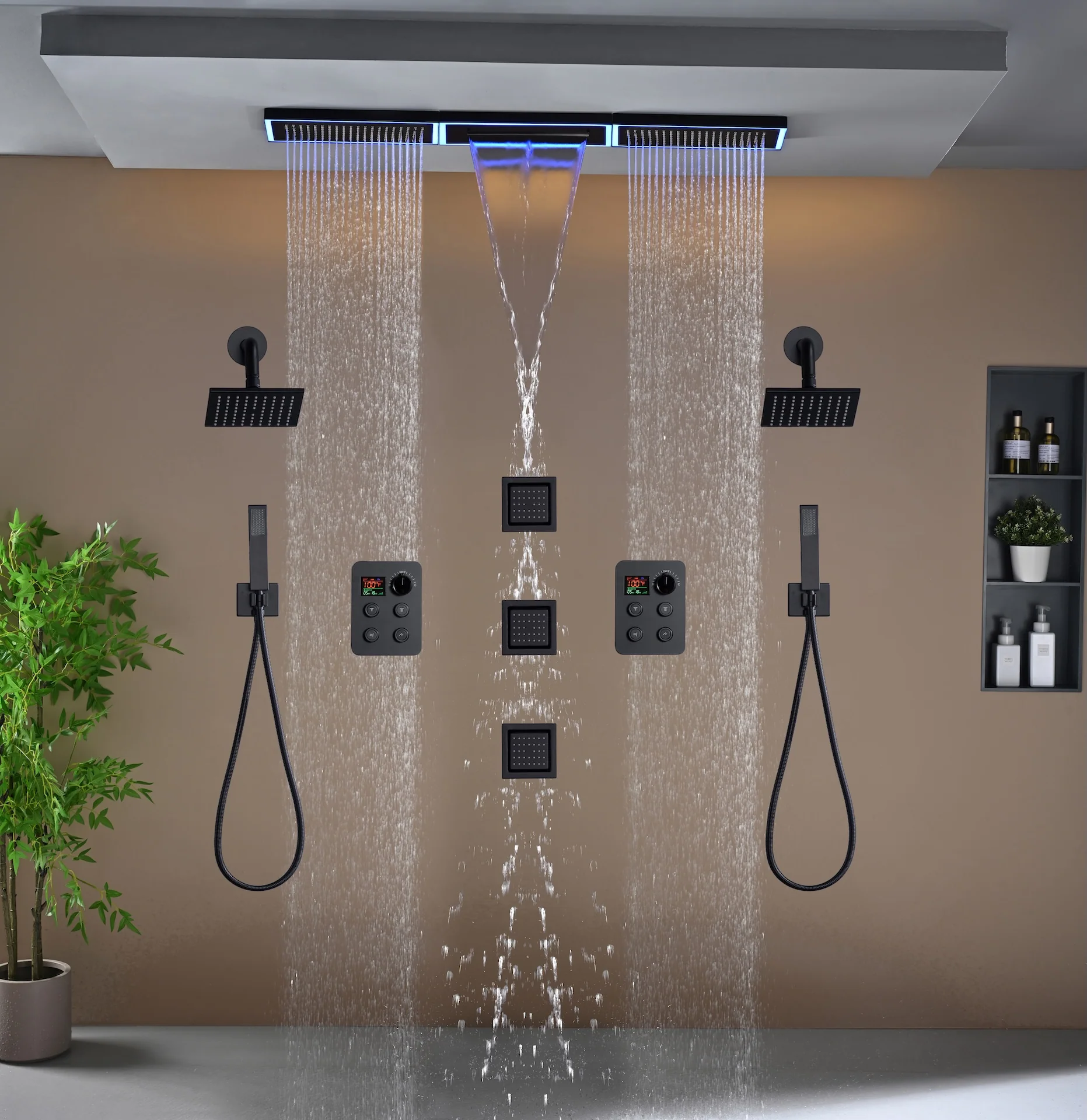 Flush Mount 48 x 8 inch Rainfall Waterfall 64 LED Light Shower Head with 8-Way Thermostatic Faucet and High-Pressure Wall Mount Regular Shower Head and 3 Body Jets - Image 30