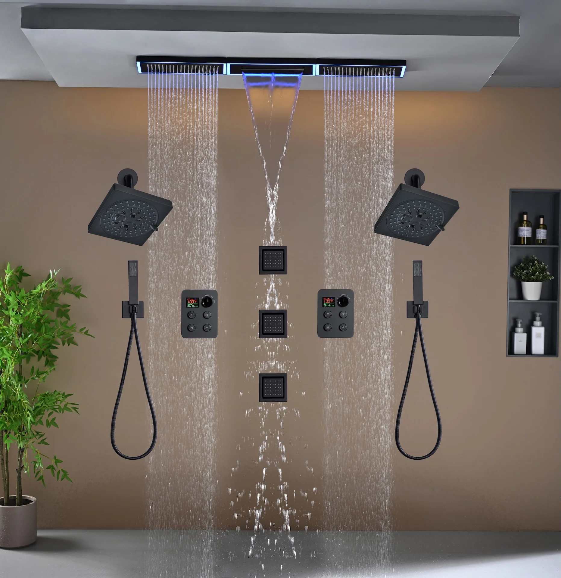 Flush Mount 48 x 8 inch Rainfall Waterfall 64 LED Light Shower Head with 8-Way Thermostatic Faucet and High-Pressure Wall Mount Regular Shower Head and 3 Body Jets - Image 31