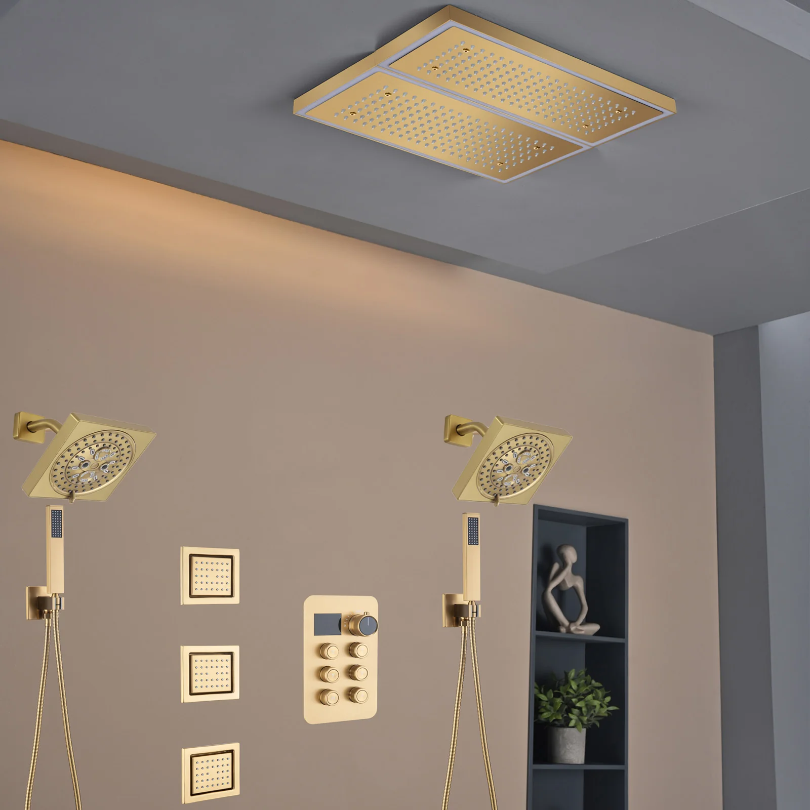 Flush Mount 16 X 16 inch or 32 x 8 inch Rainfall  64 LED Light Shower Head with 6-Way Thermostatic Faucet, Body Jets, and High-Pressure Dual Regular Heads - Image 19