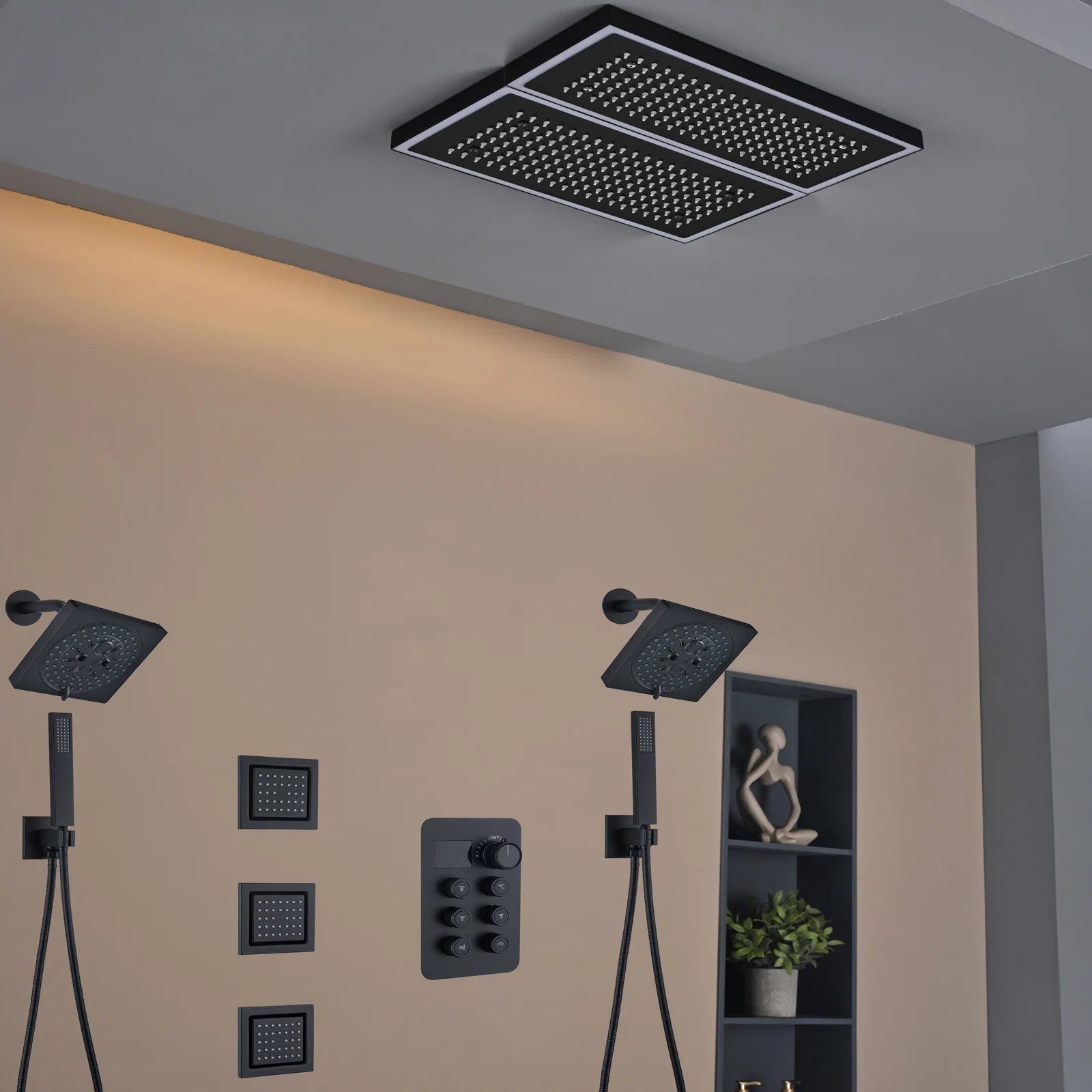 Flush Mount 16 X 16 inch or 32 x 8 inch Rainfall  64 LED Light Shower Head with 6-Way Thermostatic Faucet, Body Jets, and High-Pressure Dual Regular Heads - Image 36