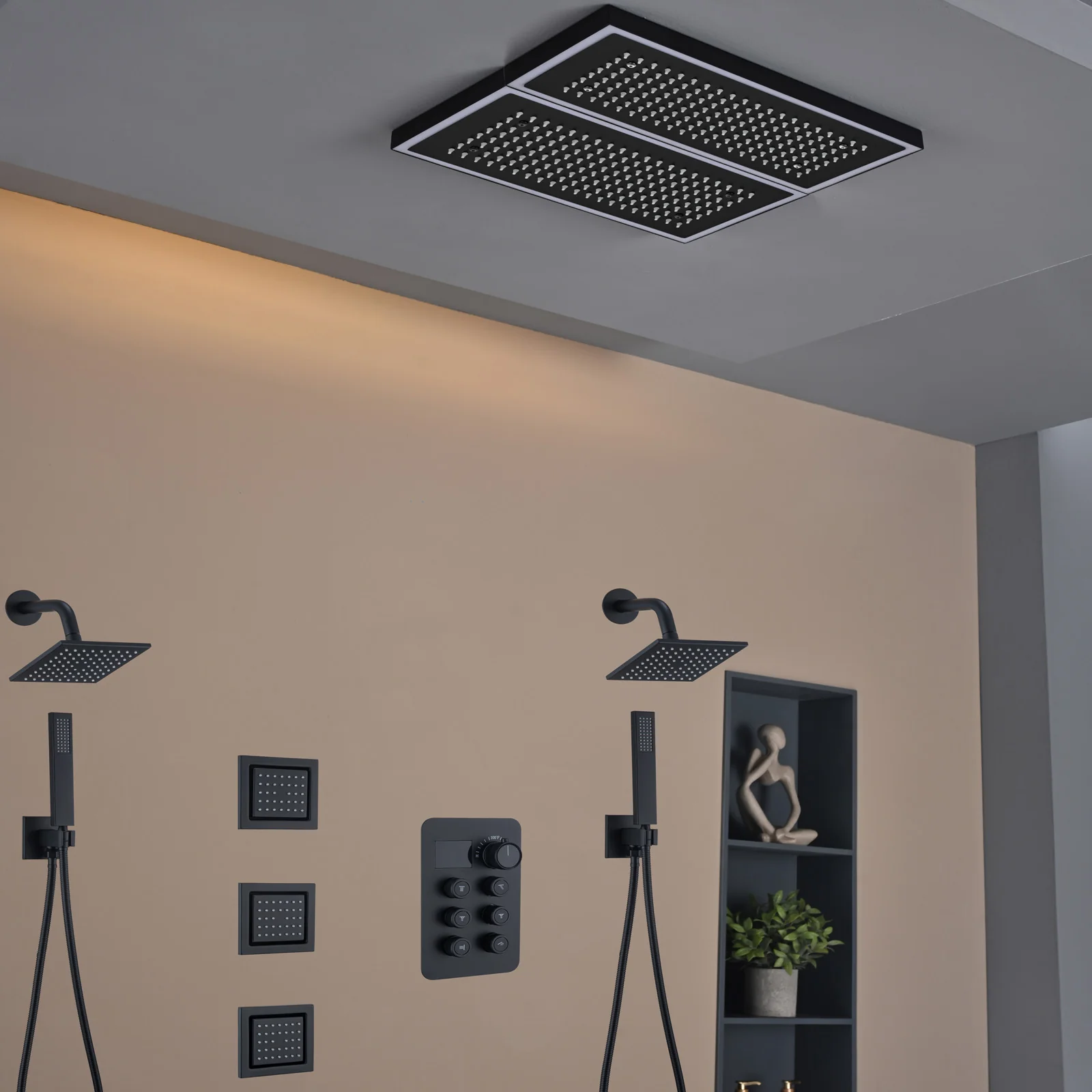 Flush Mount 16 X 16 inch or 32 x 8 inch Rainfall  64 LED Light Shower Head with 6-Way Thermostatic Faucet, Body Jets, and High-Pressure Dual Regular Heads - Image 37