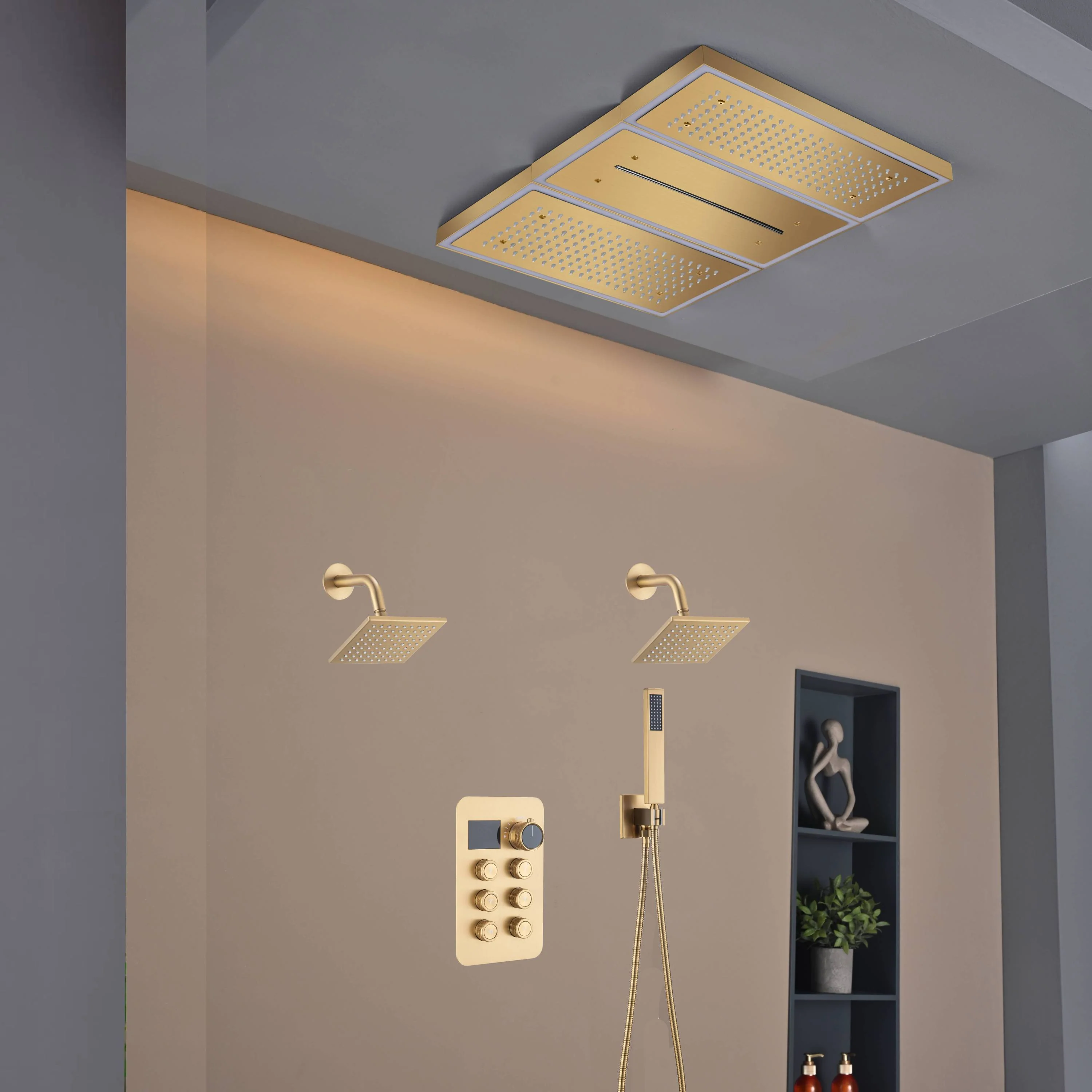 Flush Mount 24 X 16 inch or 48 x 8 inch Rainfall Waterfall 64 LED Light Shower Head with 6-Way Thermostatic Faucet and High-Pressure Wall Mount Regular Shower Head - Image 15