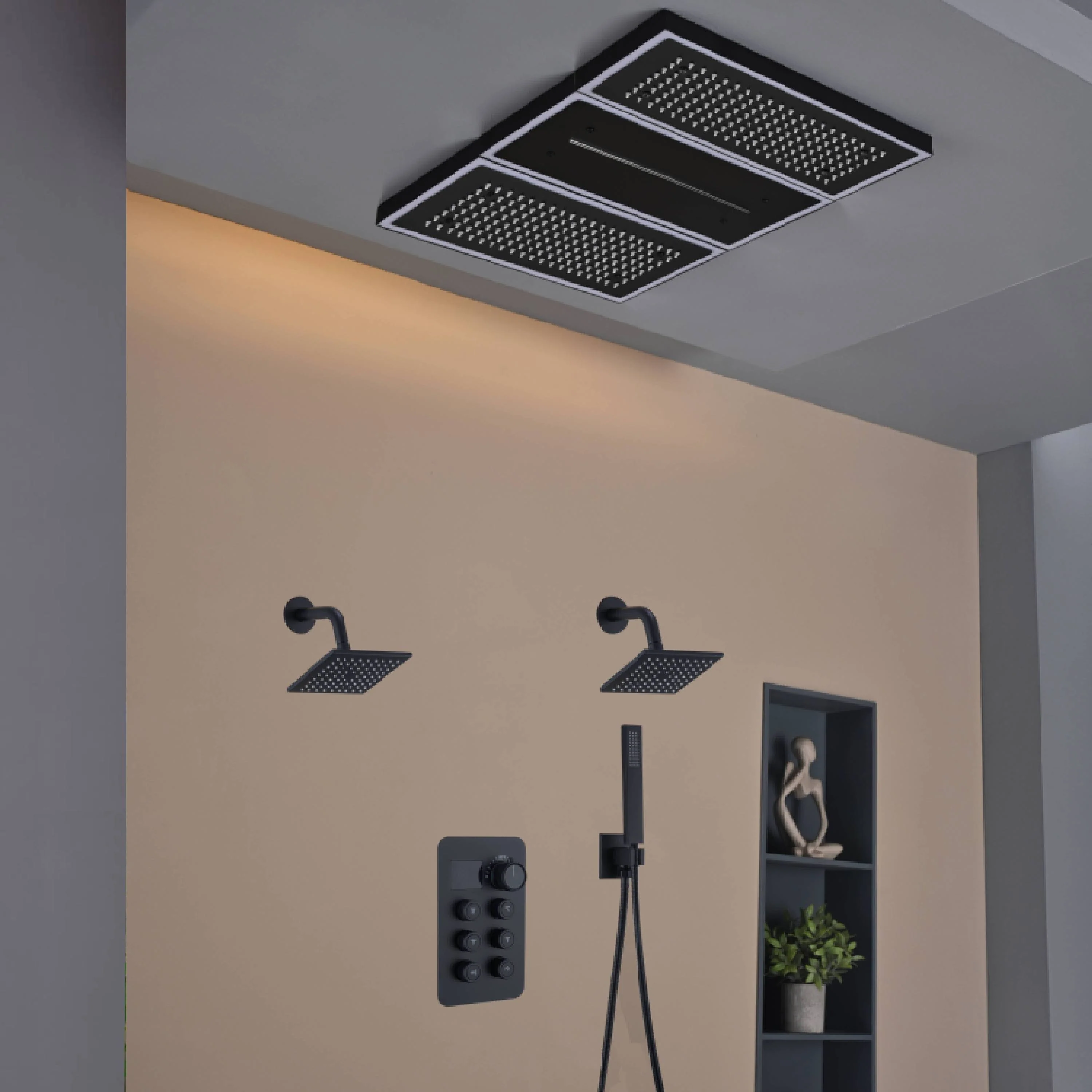 Flush Mount 24 X 16 inch or 48 x 8 inch Rainfall Waterfall 64 LED Light Shower Head with 6-Way Thermostatic Faucet and High-Pressure Wall Mount Regular Shower Head - Image 32