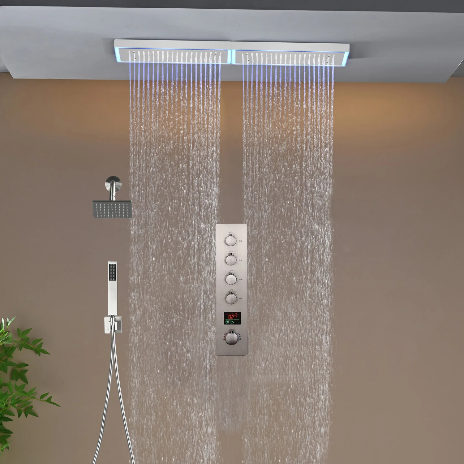 Flush Mount 32 x 8 inch Rainfall 64 LED Light Shower Head with 4-Way Thermostatic Faucet and High-Pressure Regular Heads - Image 15