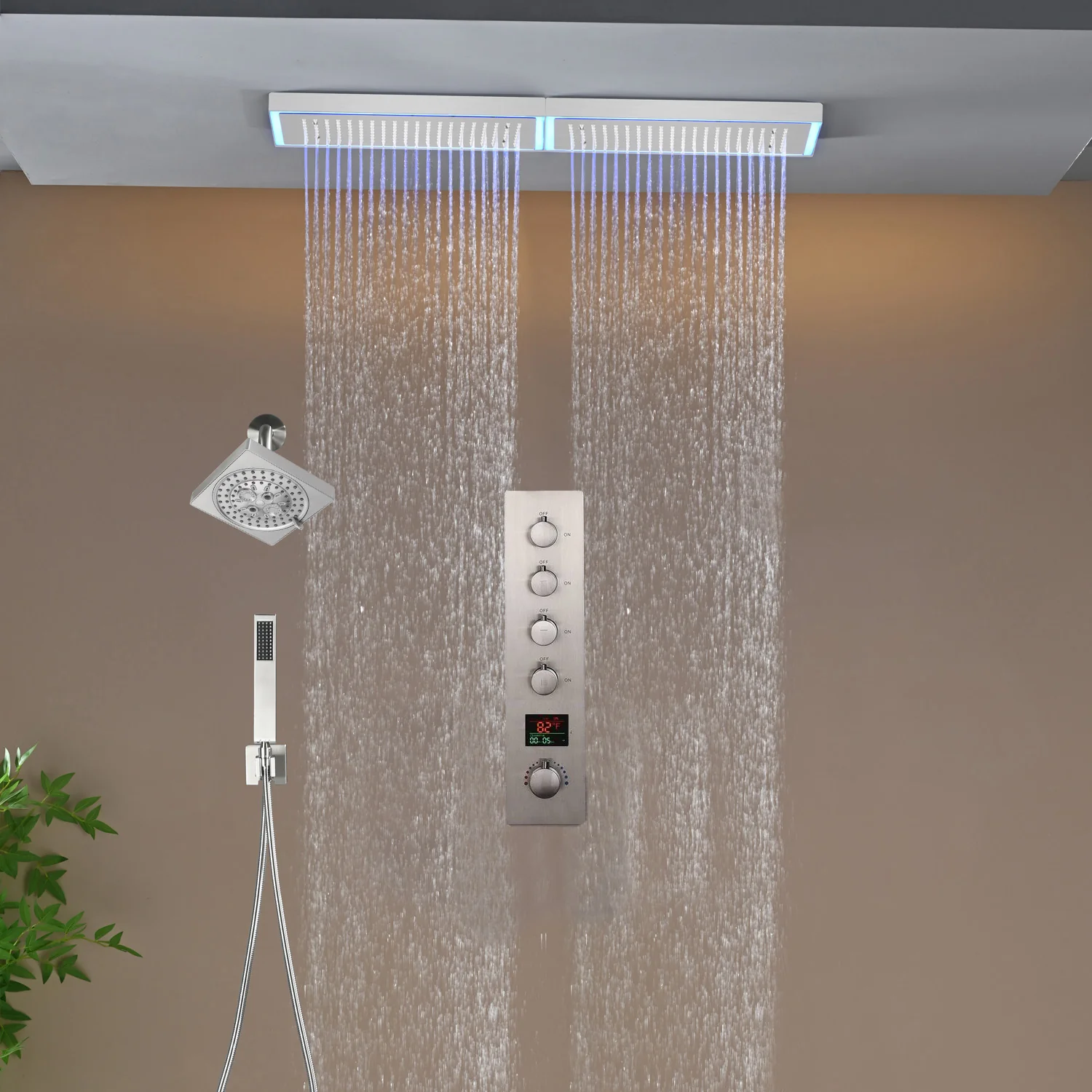 Flush Mount 32 x 8 inch Rainfall 64 LED Light Shower Head with 4-Way Thermostatic Faucet and High-Pressure Regular Heads - Image 16