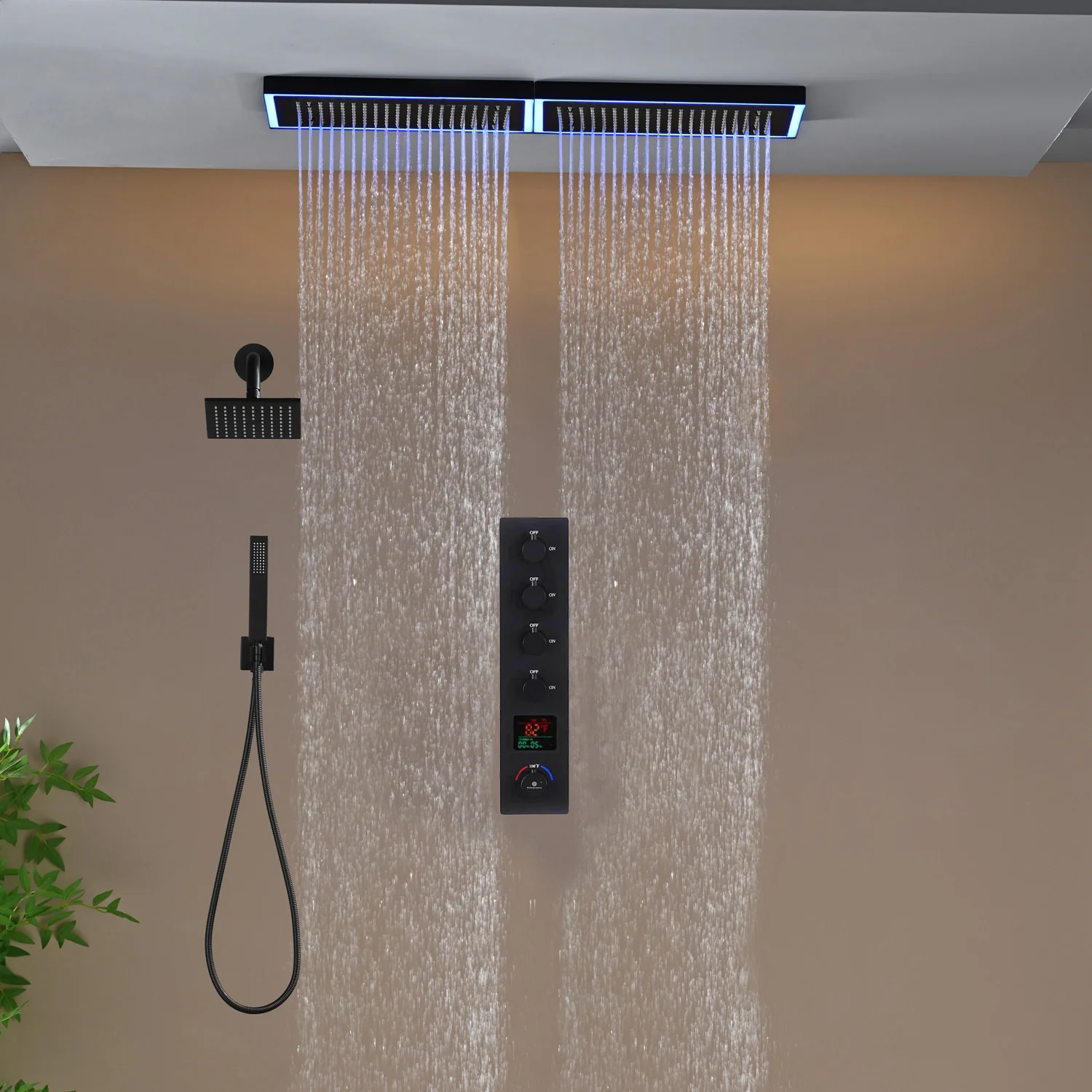 Flush Mount 32 x 8 inch Rainfall 64 LED Light Shower Head with 4-Way Thermostatic Faucet and High-Pressure Regular Heads - Image 29
