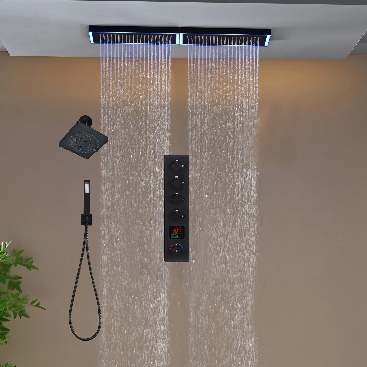 Flush Mount 32 x 8 inch Rainfall 64 LED Light Shower Head with 4-Way Thermostatic Faucet and High-Pressure Regular Heads - Image 30