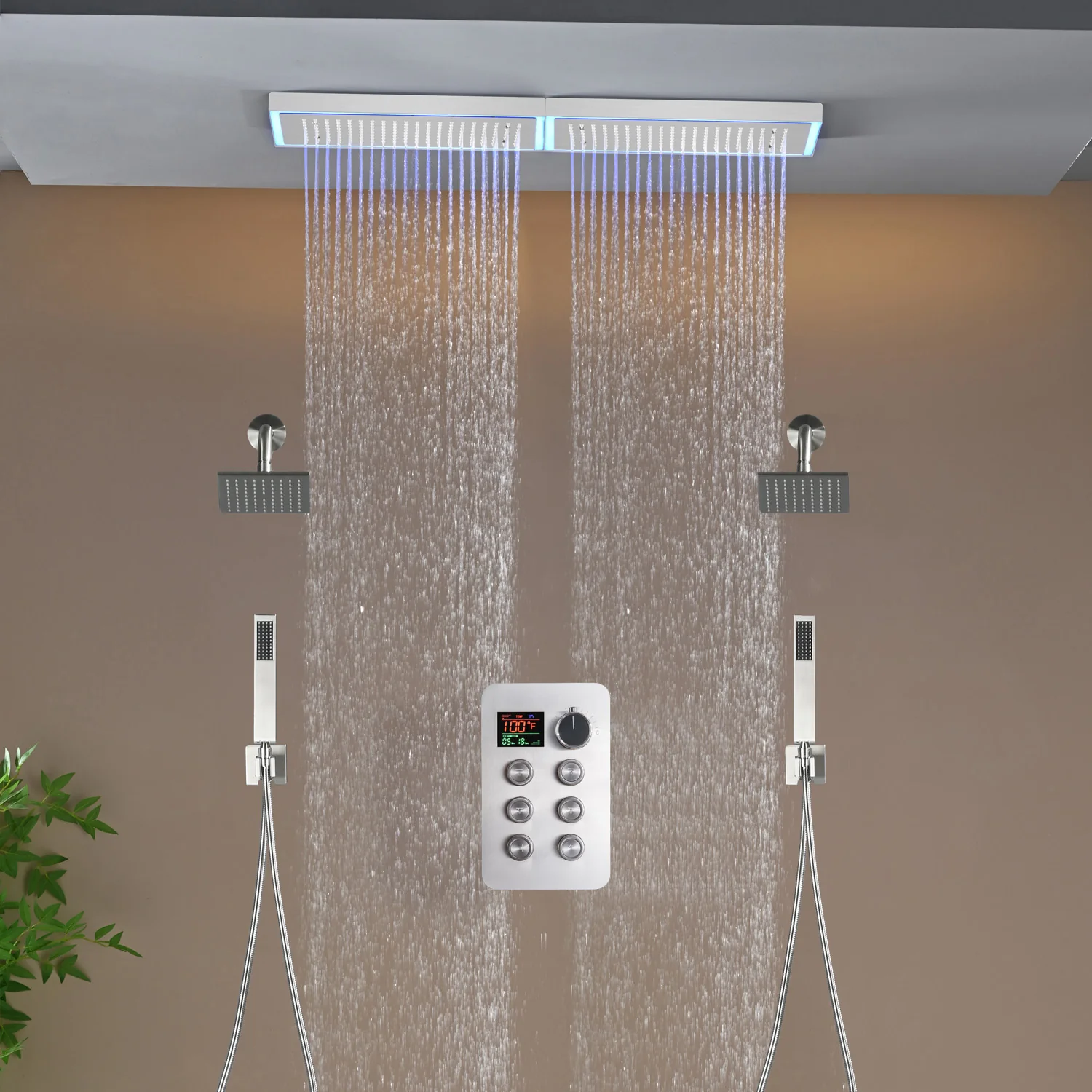 Flush Mount 32 x 8 inch Rainfall 64 LED Light Shower Head with 6-Way Thermostatic Faucet and High-Pressure Regular Heads - Image 15