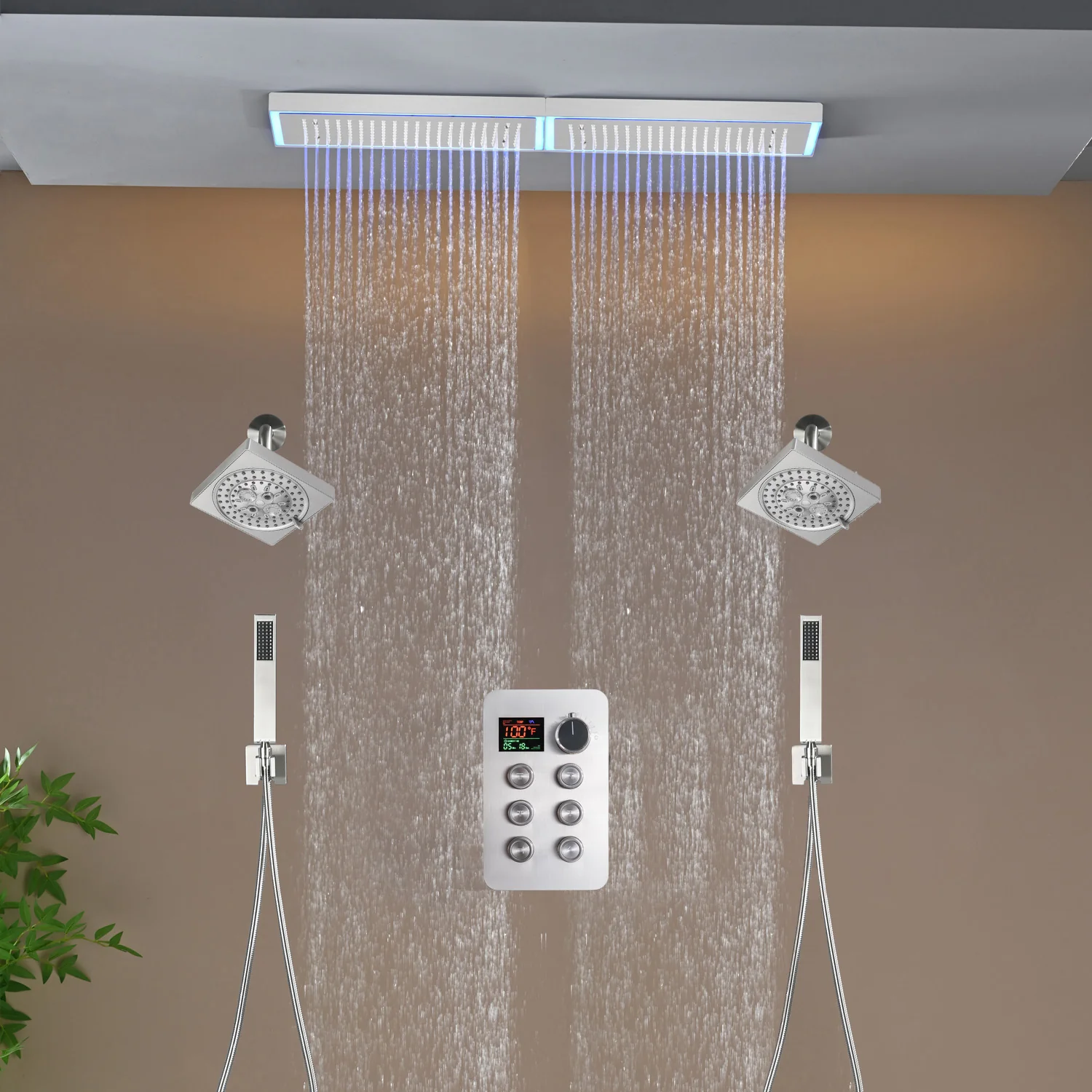 Flush Mount 32 x 8 inch Rainfall 64 LED Light Shower Head with 6-Way Thermostatic Faucet and High-Pressure Regular Heads - Image 16