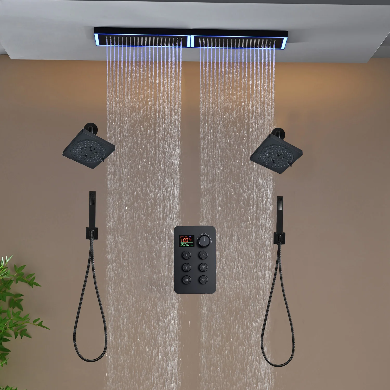 Flush Mount 32 x 8 inch Rainfall 64 LED Light Shower Head with 6-Way Thermostatic Faucet and High-Pressure Regular Heads - Image 30