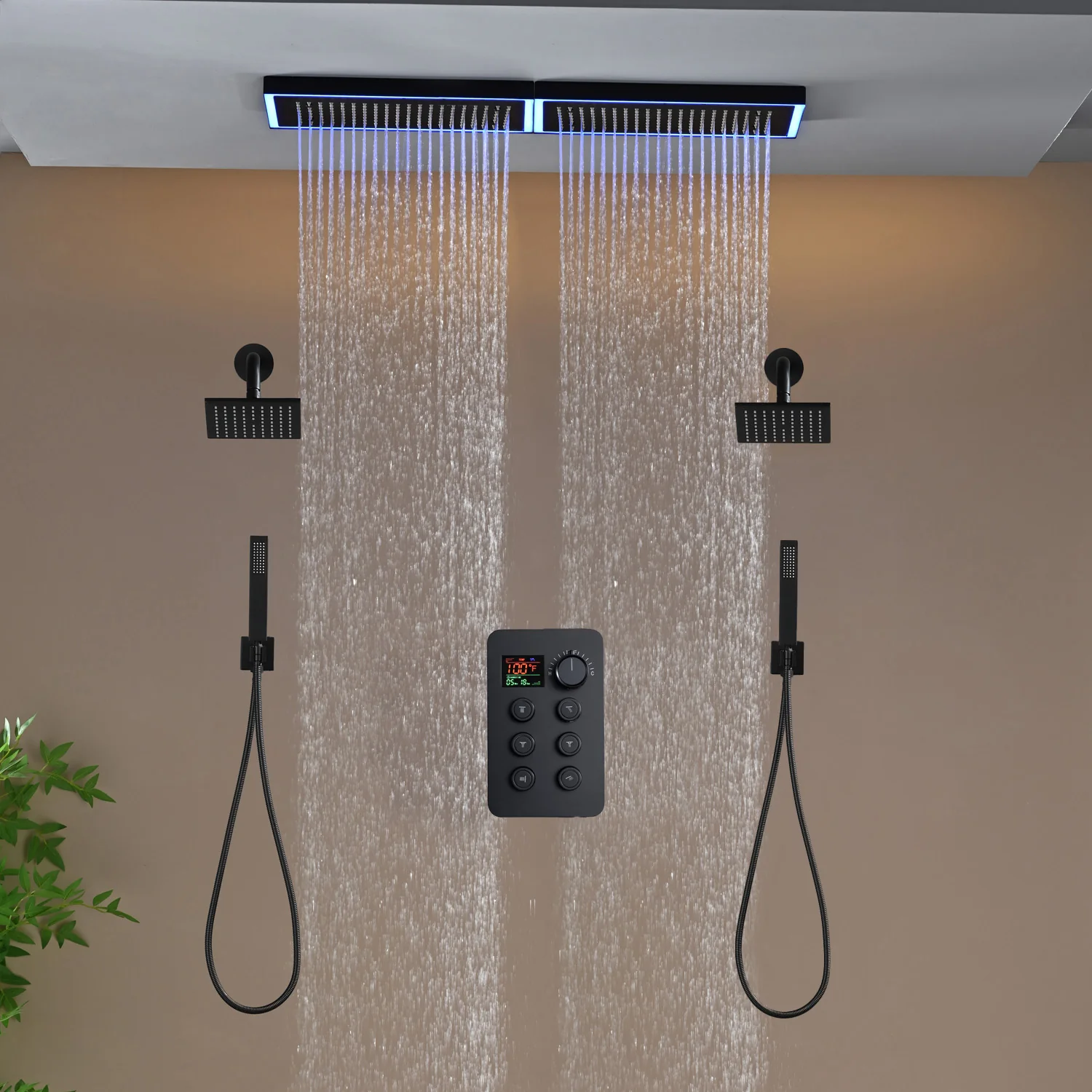 Flush Mount 32 x 8 inch Rainfall 64 LED Light Shower Head with 6-Way Thermostatic Faucet and High-Pressure Regular Heads - Image 31