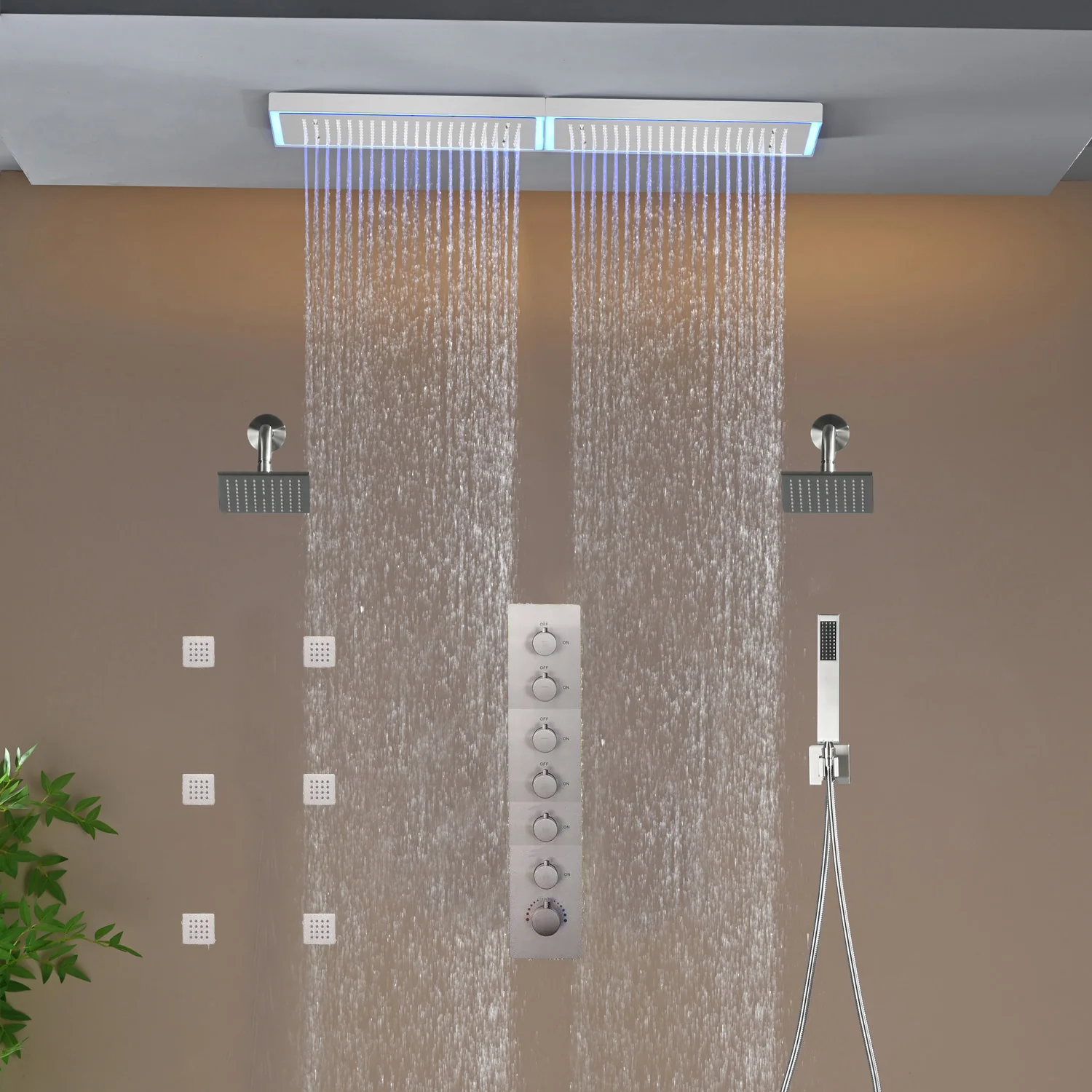 Flush Mount 32 x 8 inch Rainfall 64 LED Light Shower Head with 6-Way Thermostatic Faucet and High-Pressure Dual Regular Heads,6 body jets - Image 16