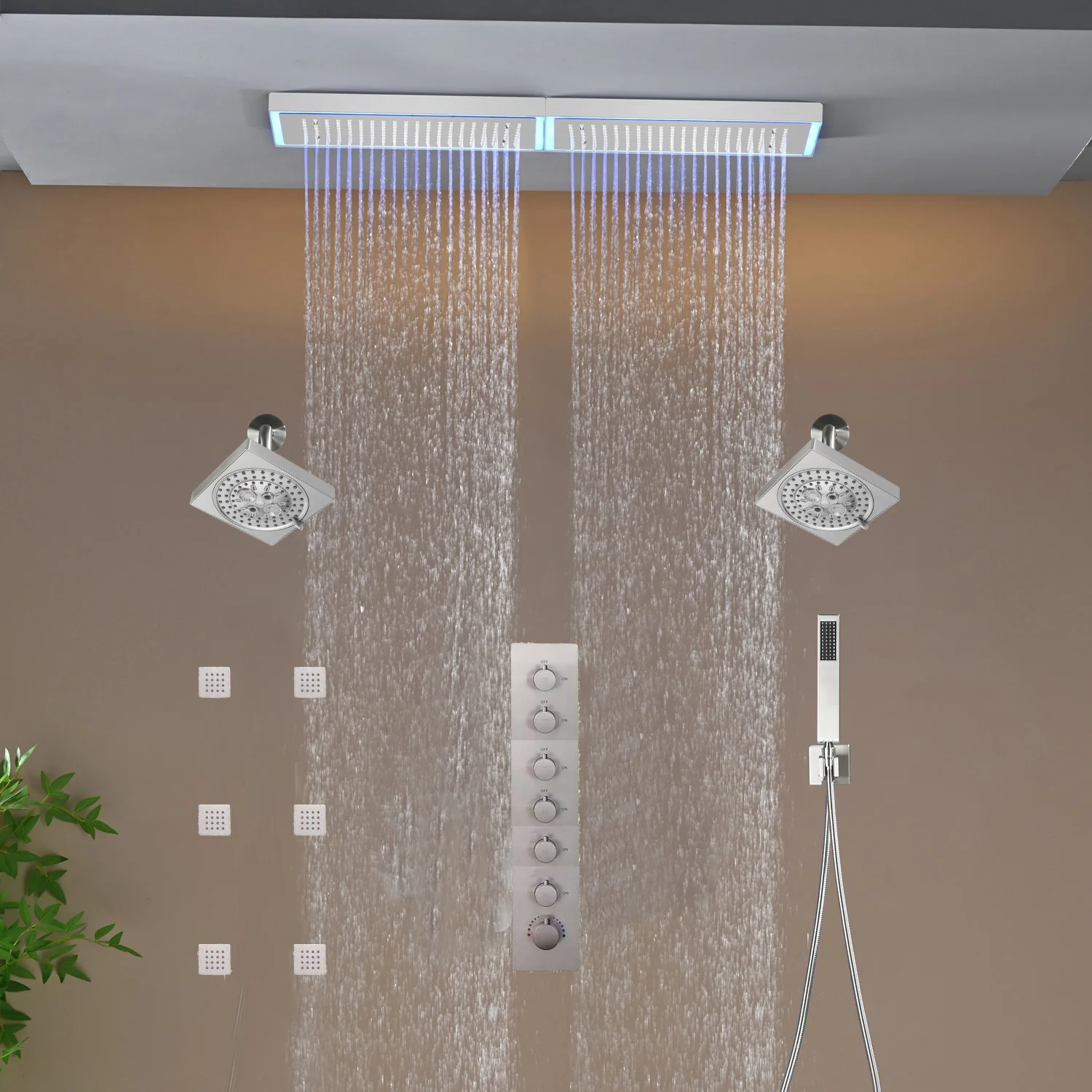 Flush Mount 32 x 8 inch Rainfall 64 LED Light Shower Head with 6-Way Thermostatic Faucet and High-Pressure Dual Regular Heads,6 body jets - Image 17