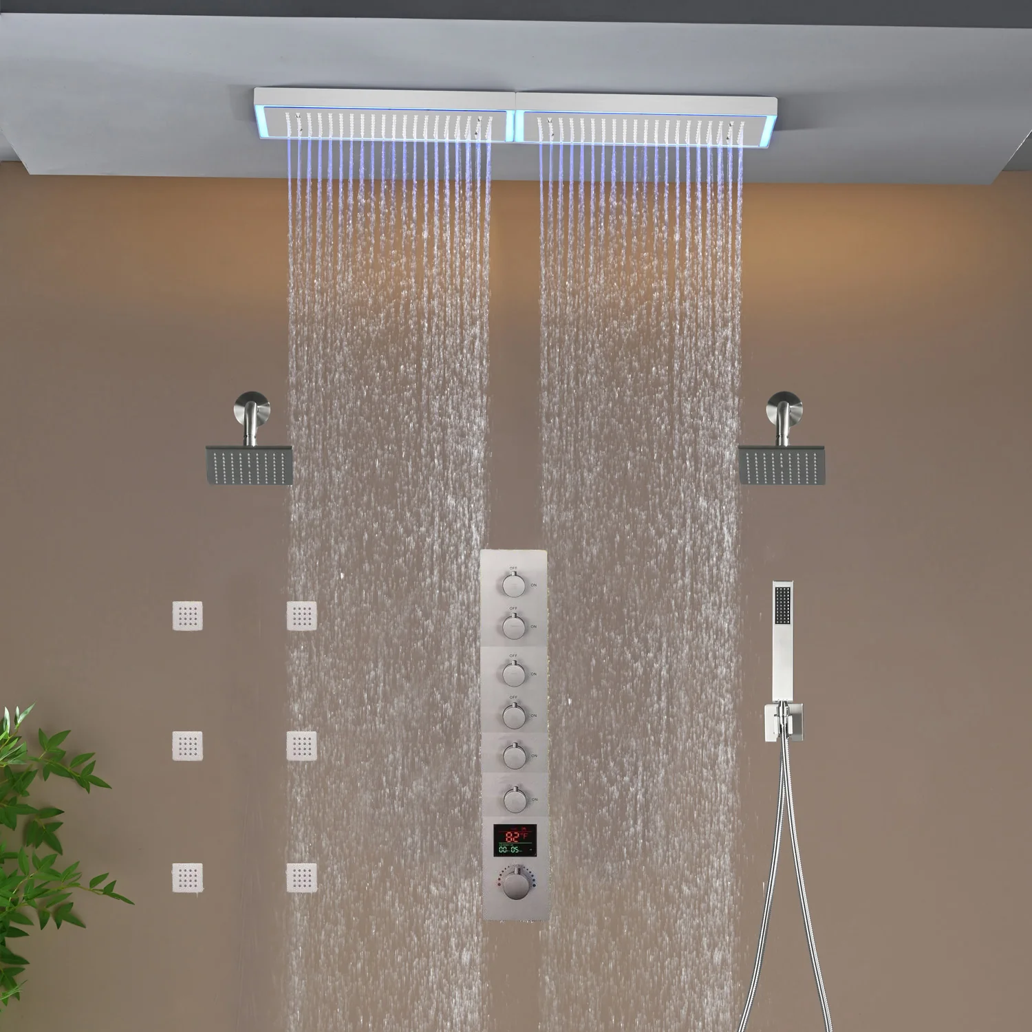 Flush Mount 32 x 8 inch Rainfall 64 LED Light Shower Head with 6-Way Thermostatic Faucet and High-Pressure Dual Regular Heads,6 body jets - Image 18