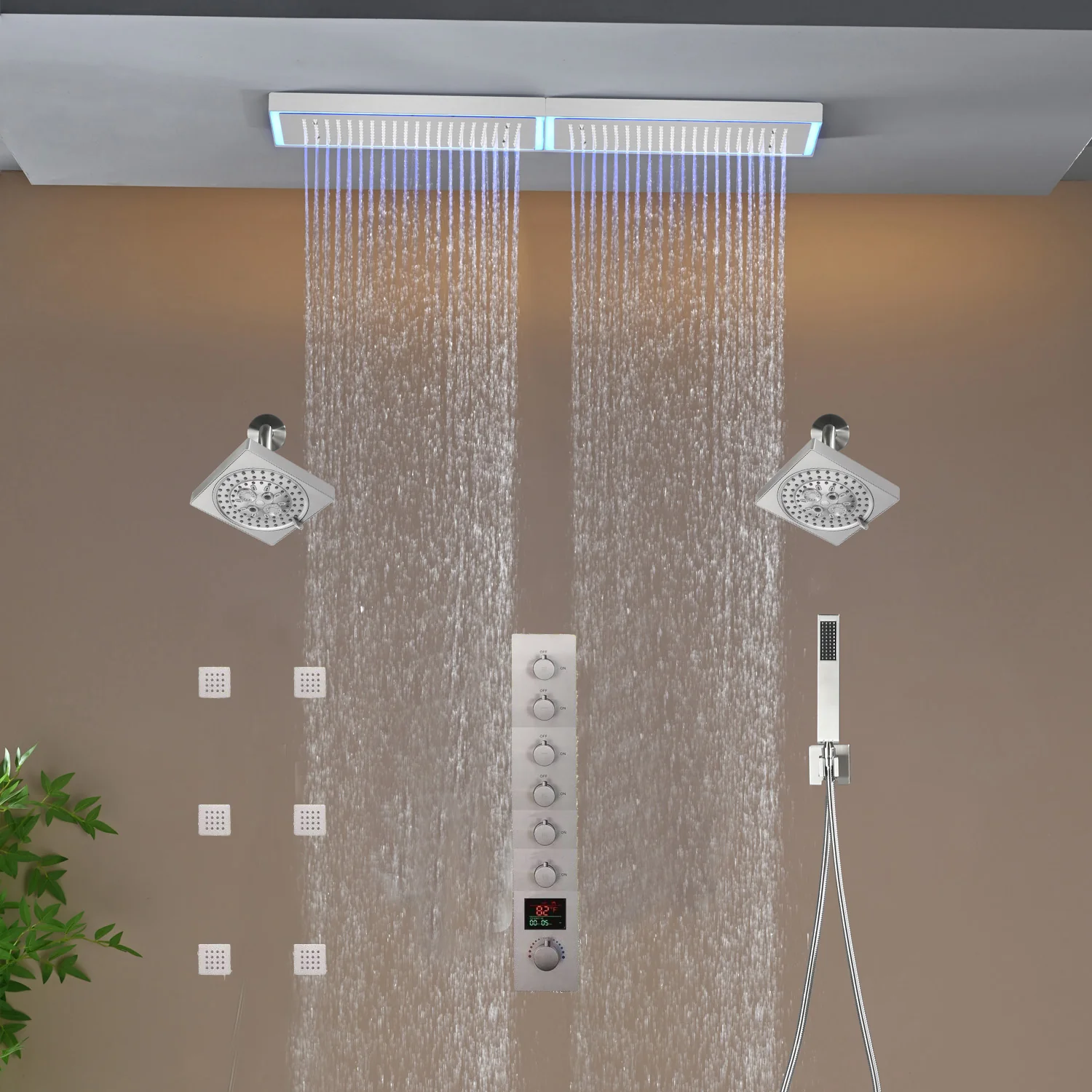 Flush Mount 32 x 8 inch Rainfall 64 LED Light Shower Head with 6-Way Thermostatic Faucet and High-Pressure Dual Regular Heads,6 body jets - Image 19