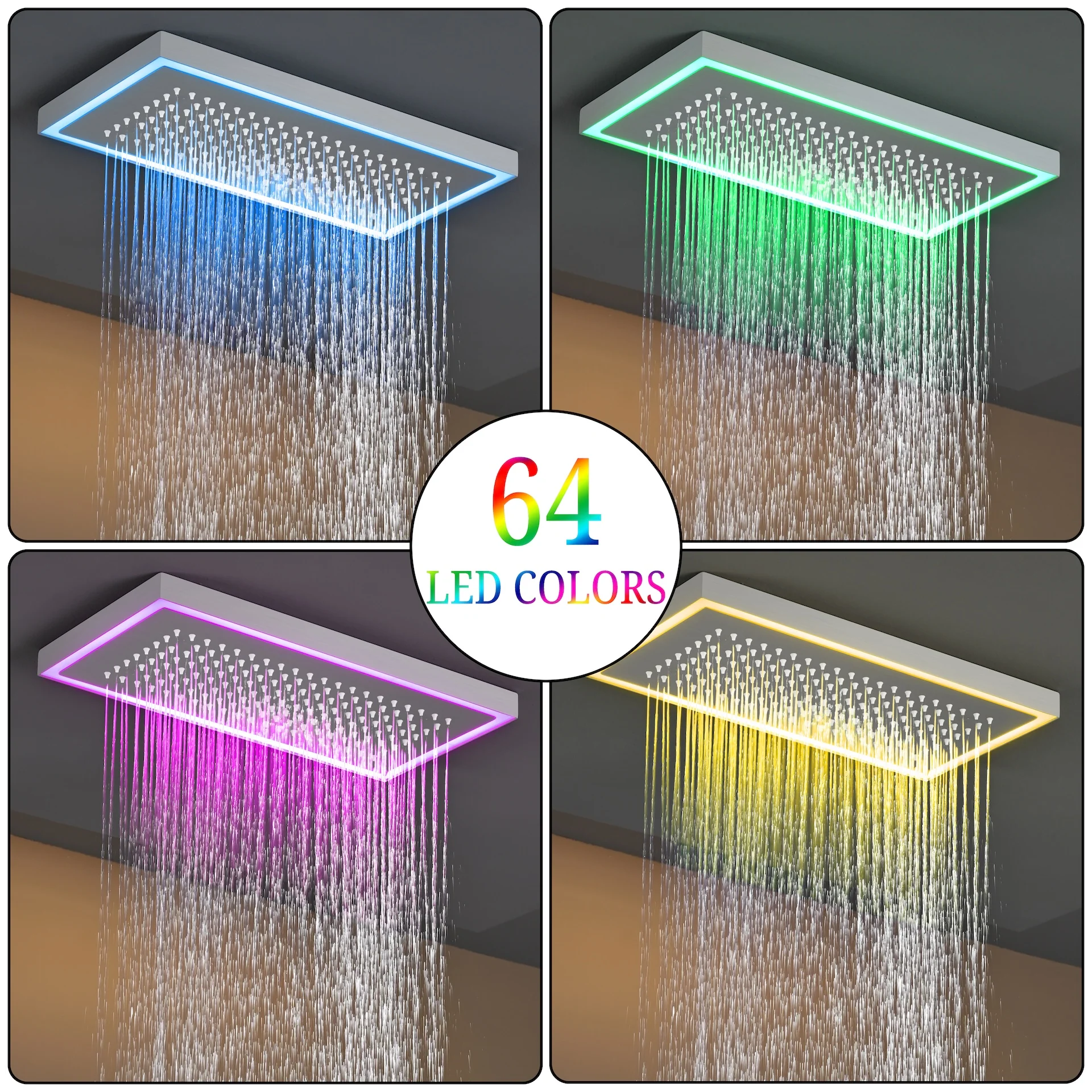 Flush Mount 32 x 8 inch Rainfall 64 LED Light Shower Head with 6-Way Thermostatic Faucet and High-Pressure Regular Heads - Image 18