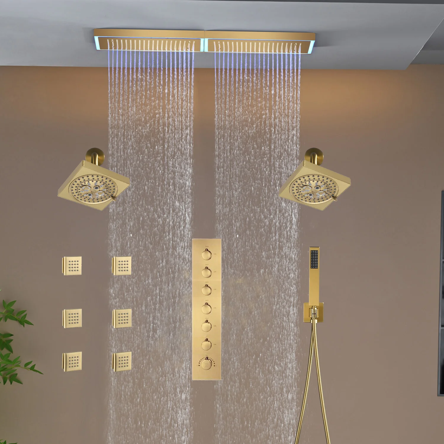 Flush Mount 32 x 8 inch Rainfall 64 LED Light Shower Head with 6-Way Thermostatic Faucet and High-Pressure Dual Regular Heads,6 body jets - Image 3