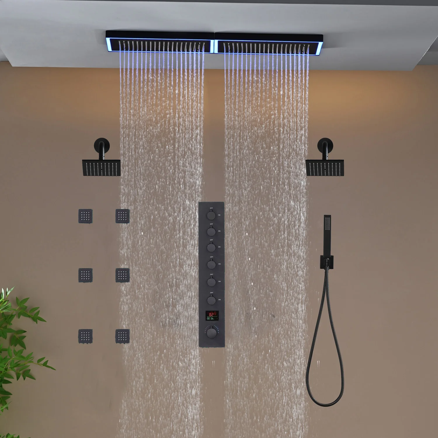 Flush Mount 32 x 8 inch Rainfall 64 LED Light Shower Head with 6-Way Thermostatic Faucet and High-Pressure Dual Regular Heads,6 body jets - Image 33