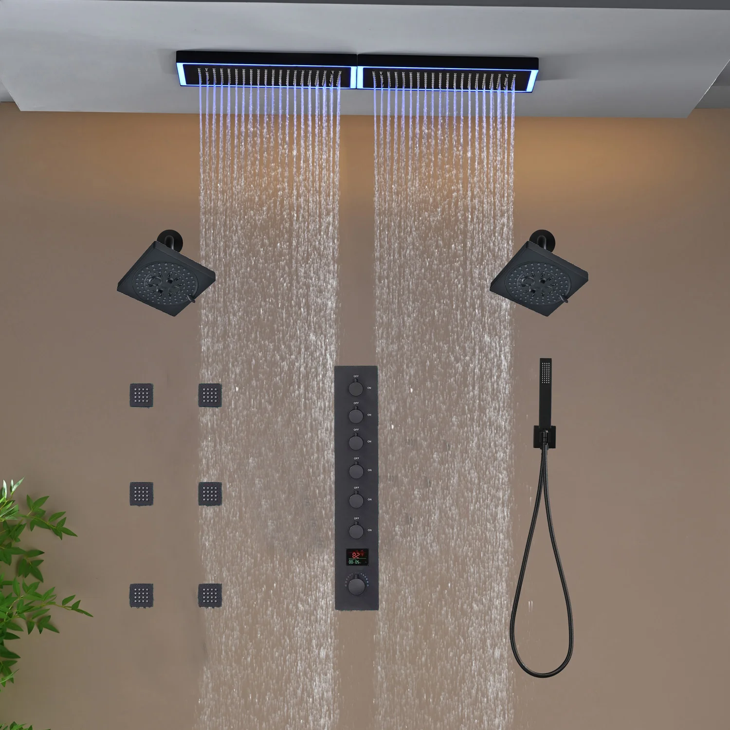 Flush Mount 32 x 8 inch Rainfall 64 LED Light Shower Head with 6-Way Thermostatic Faucet and High-Pressure Dual Regular Heads,6 body jets - Image 34