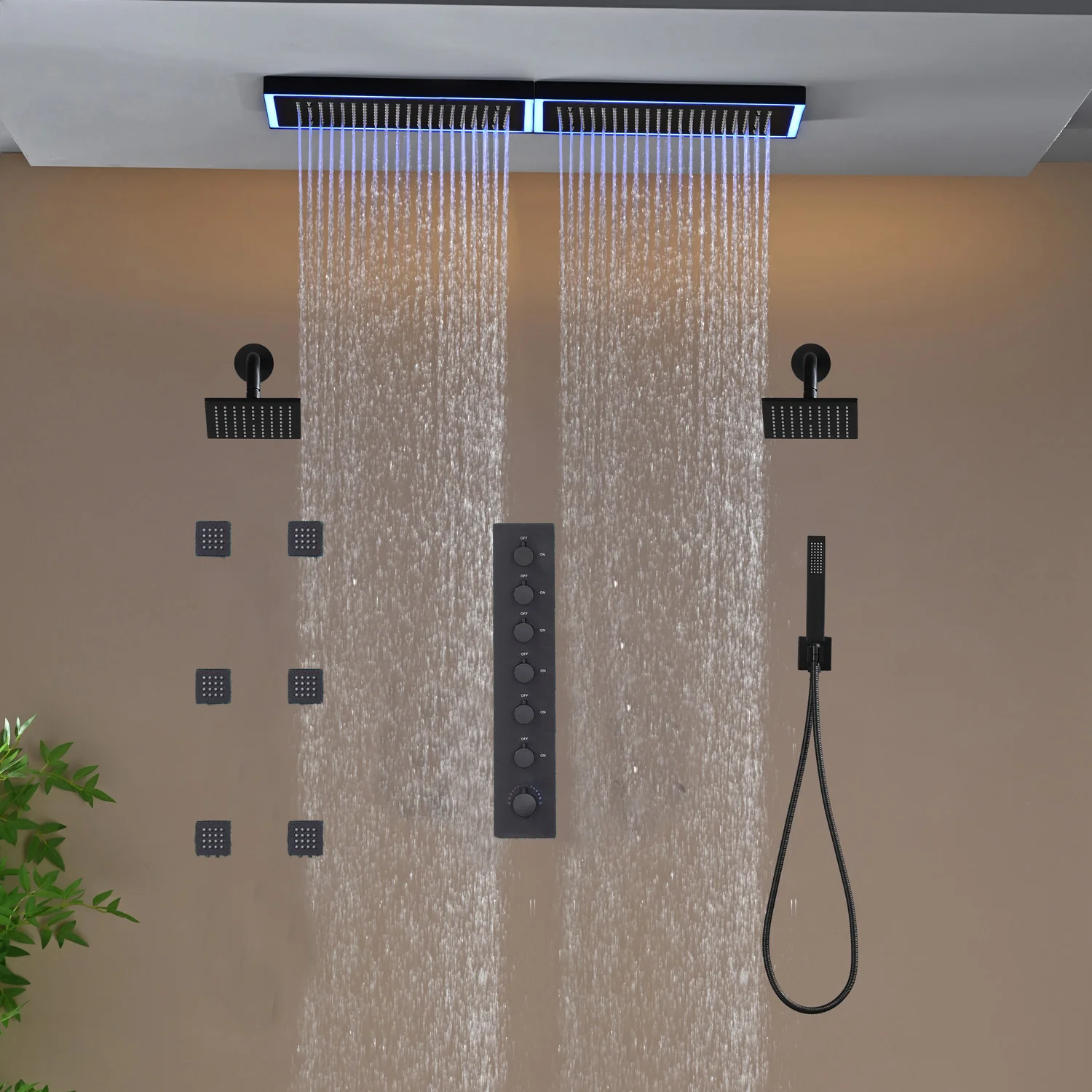 Flush Mount 32 x 8 inch Rainfall 64 LED Light Shower Head with 6-Way Thermostatic Faucet and High-Pressure Dual Regular Heads,6 body jets - Image 35