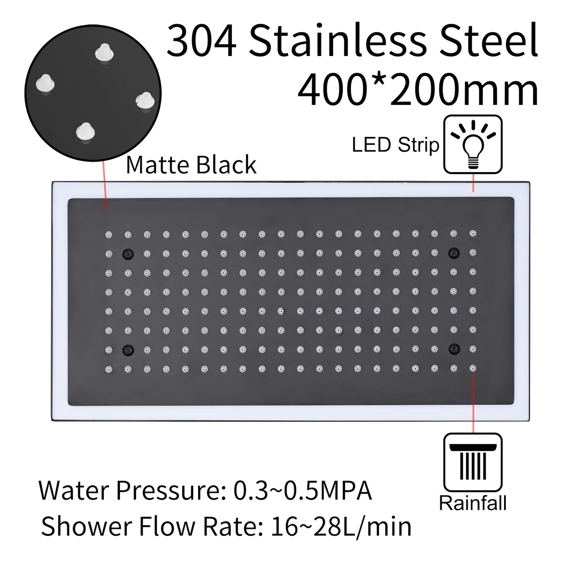 Flush Mount 32 x 8 inch Rainfall 64 LED Light Shower Head with 6-Way Thermostatic Faucet and High-Pressure Regular Heads - Image 33