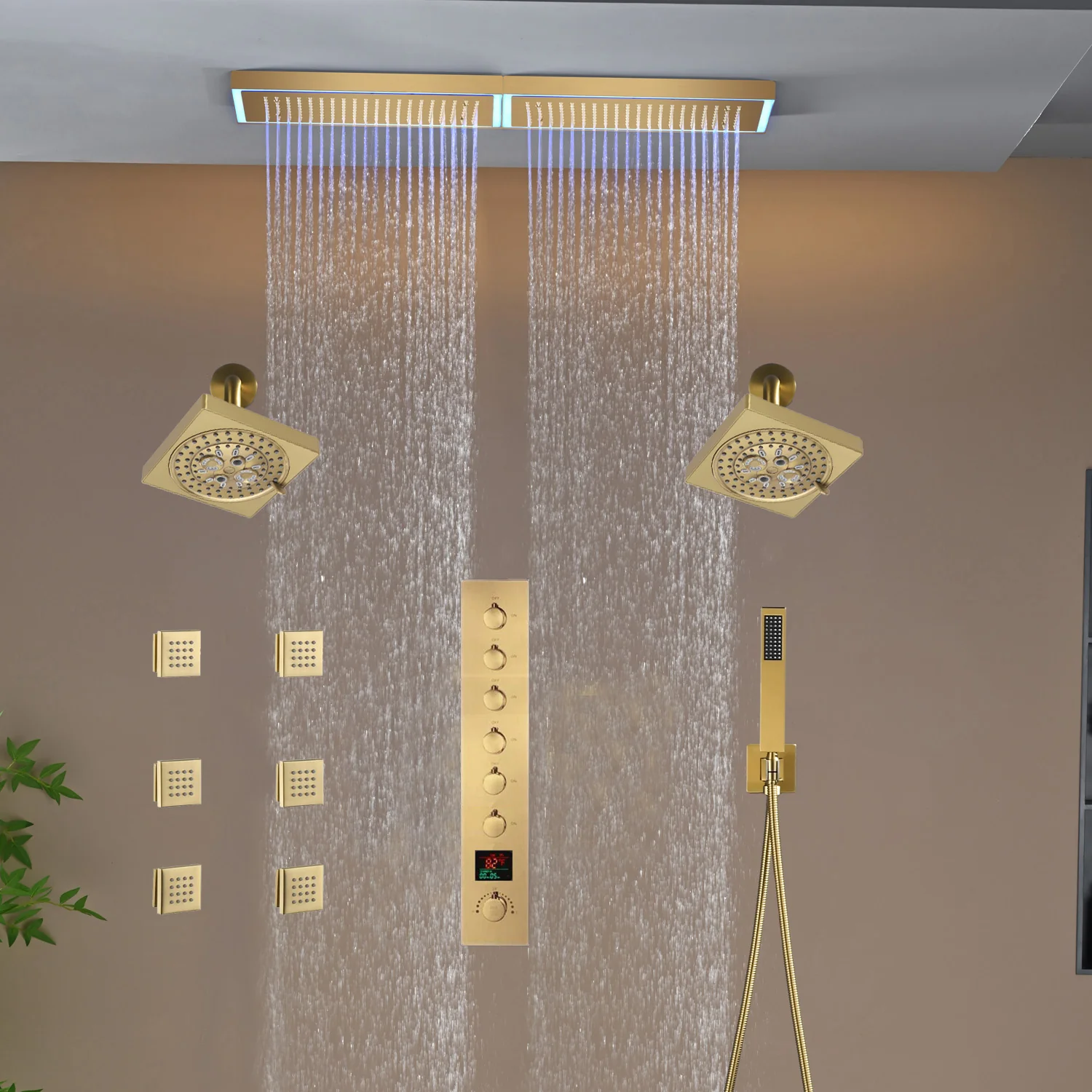 Flush Mount 32 x 8 inch Rainfall 64 LED Light Shower Head with 6-Way Thermostatic Faucet and High-Pressure Dual Regular Heads,6 body jets - Image 4