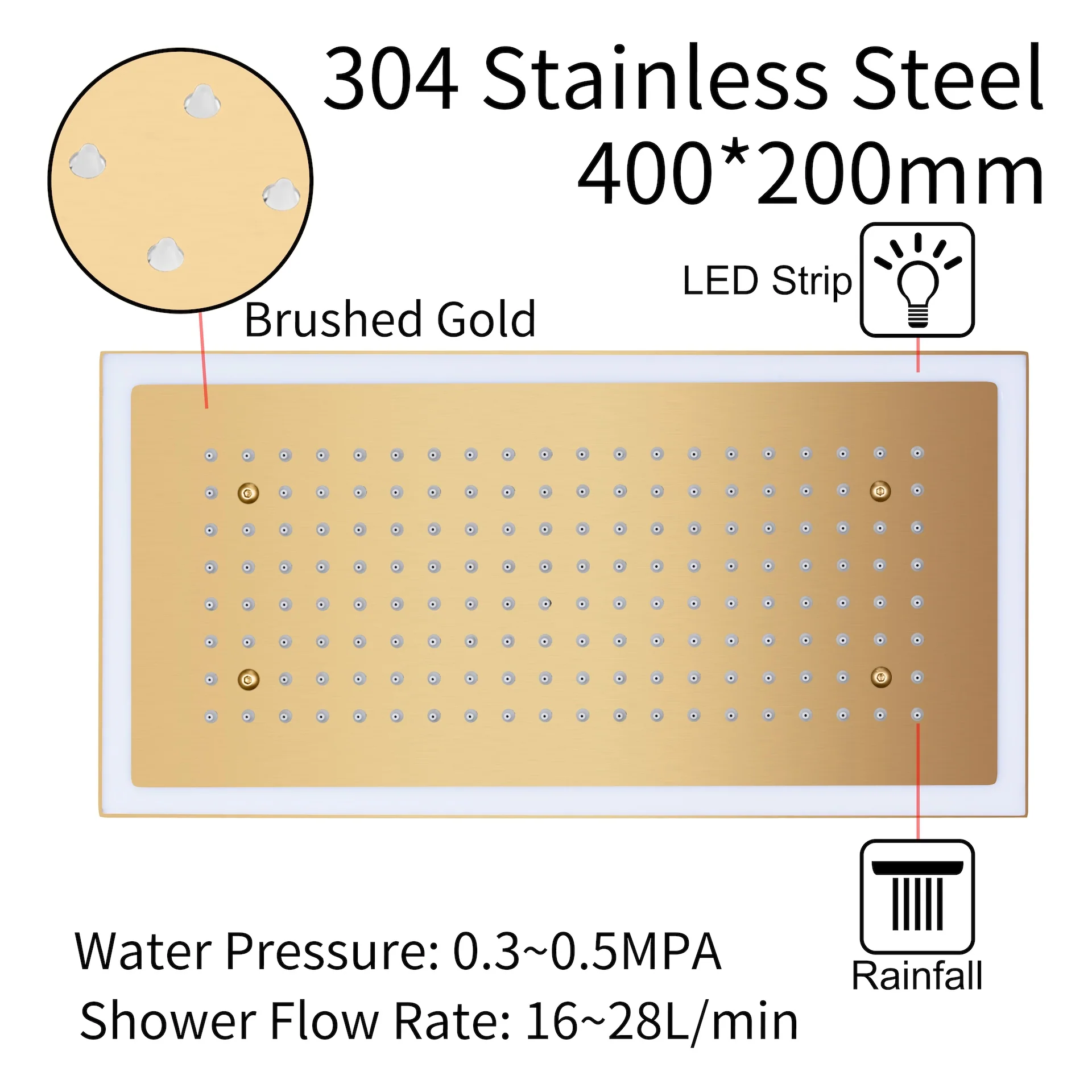 Flush Mount 32 x 8 inch Rainfall 64 LED Light Shower Head with 6-Way Thermostatic Faucet and High-Pressure Regular Heads - Image 4