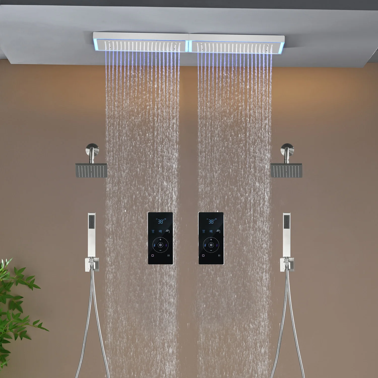 Flush Mount 32 x 8 inch Rainfall 64 LED Light Shower Head with 6-Way Digital Display Touch Panel Thermostatic Faucet and High-Pressure Dual Regular Heads - Image 14