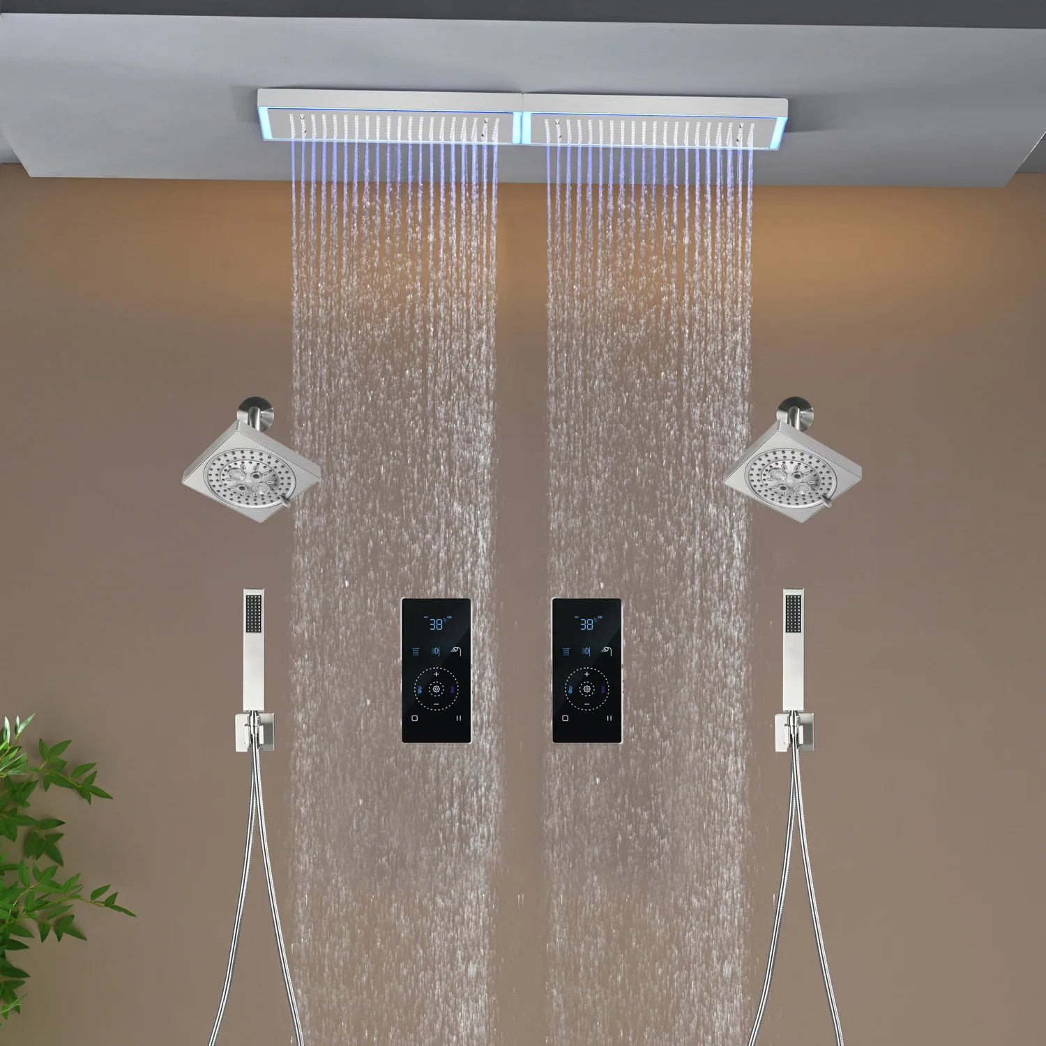 Flush Mount 32 x 8 inch Rainfall 64 LED Light Shower Head with 6-Way Digital Display Touch Panel Thermostatic Faucet and High-Pressure Dual Regular Heads - Image 15