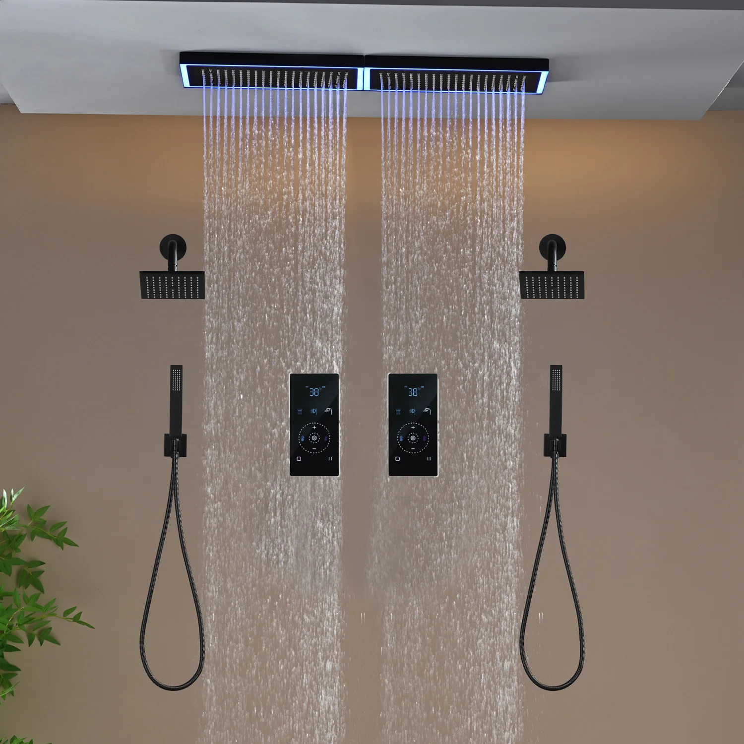 Flush Mount 32 x 8 inch Rainfall 64 LED Light Shower Head with 6-Way Digital Display Touch Panel Thermostatic Faucet and High-Pressure Dual Regular Heads - Image 29
