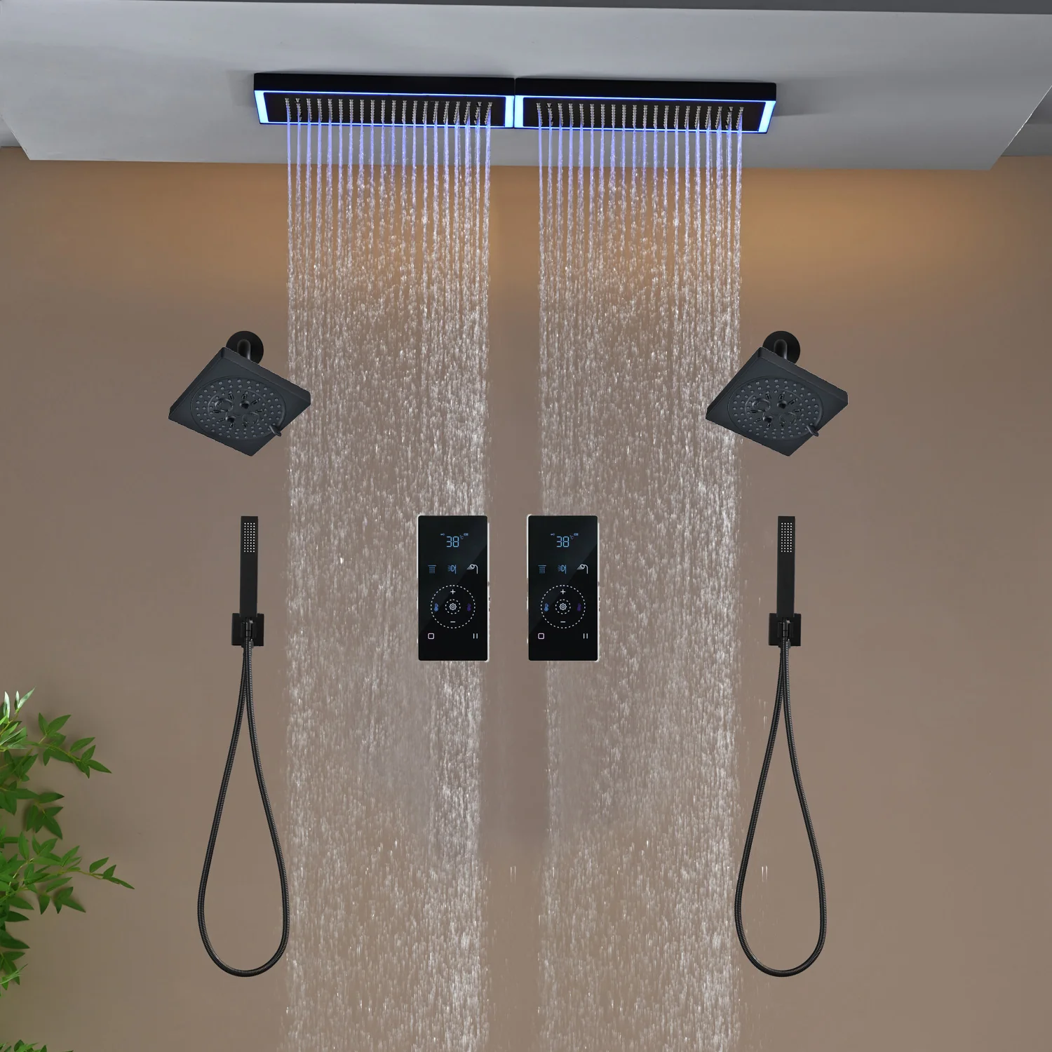 Flush Mount 32 x 8 inch Rainfall 64 LED Light Shower Head with 6-Way Digital Display Touch Panel Thermostatic Faucet and High-Pressure Dual Regular Heads - Image 30