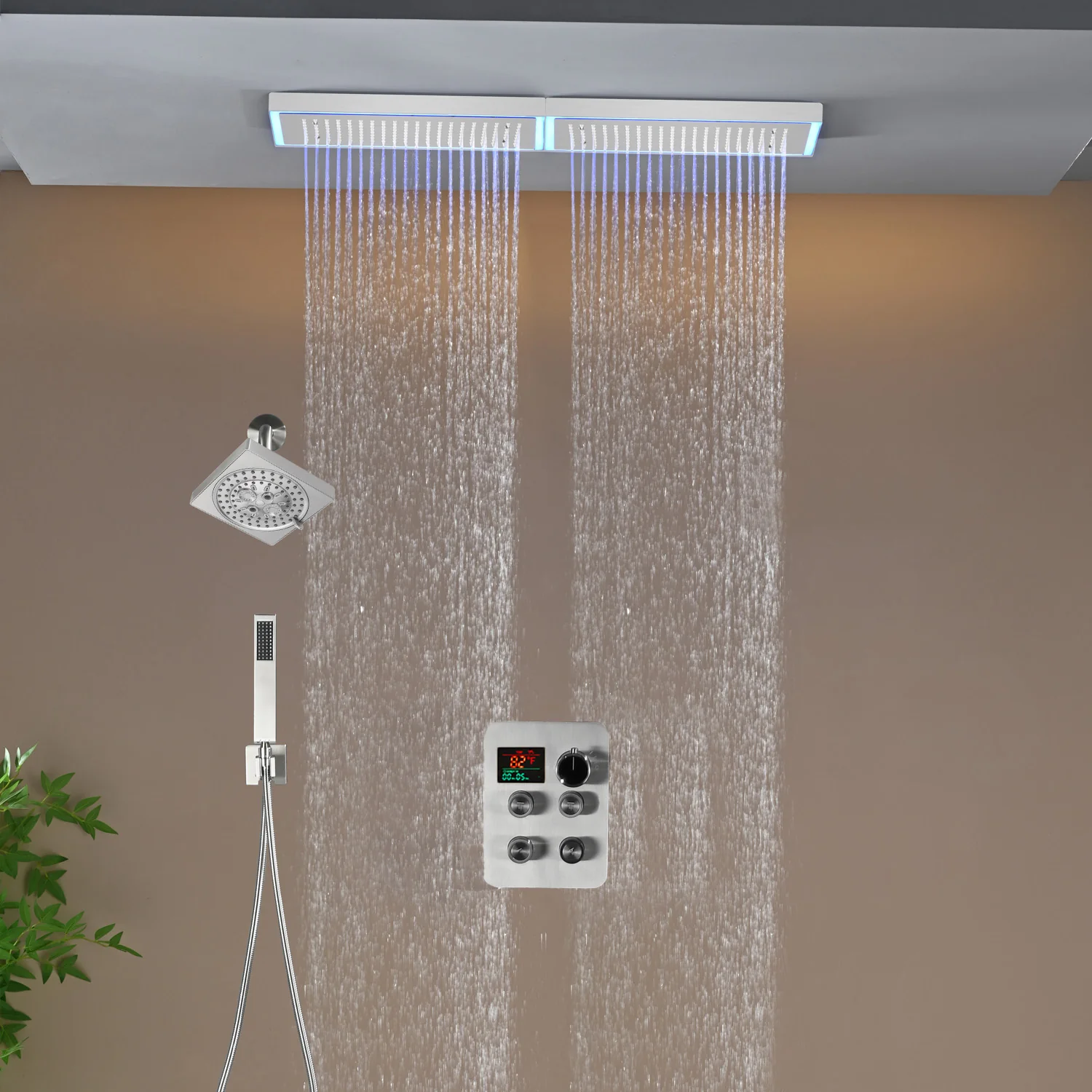 Flush Mount 32 x 8 inch Rainfall 64 LED Light Shower Head with 4-Way Thermostatic Faucet and High-Pressure Regular Heads - Image 16