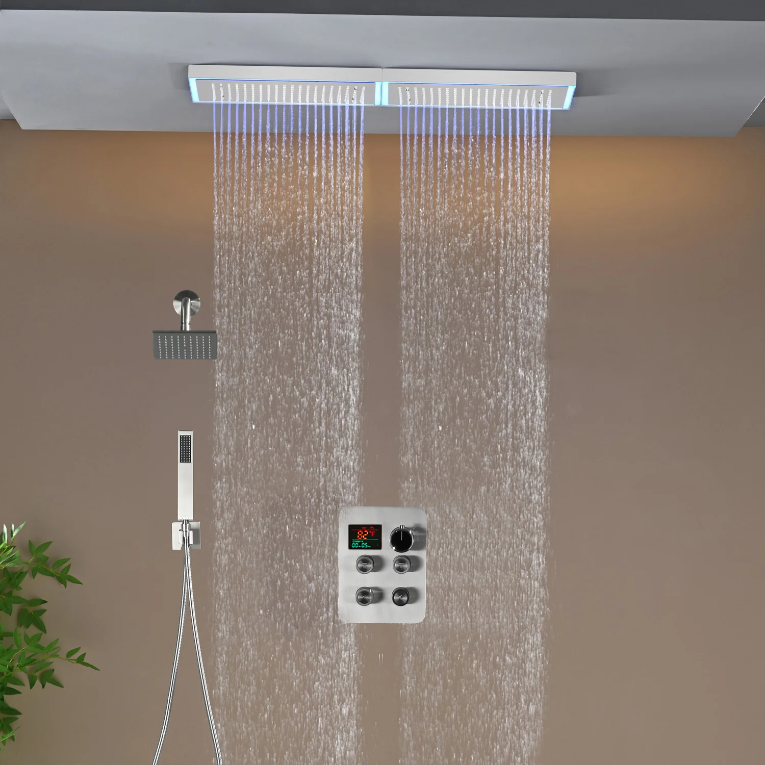 Flush Mount 32 x 8 inch Rainfall 64 LED Light Shower Head with 4-Way Thermostatic Faucet and High-Pressure Regular Heads - Image 17