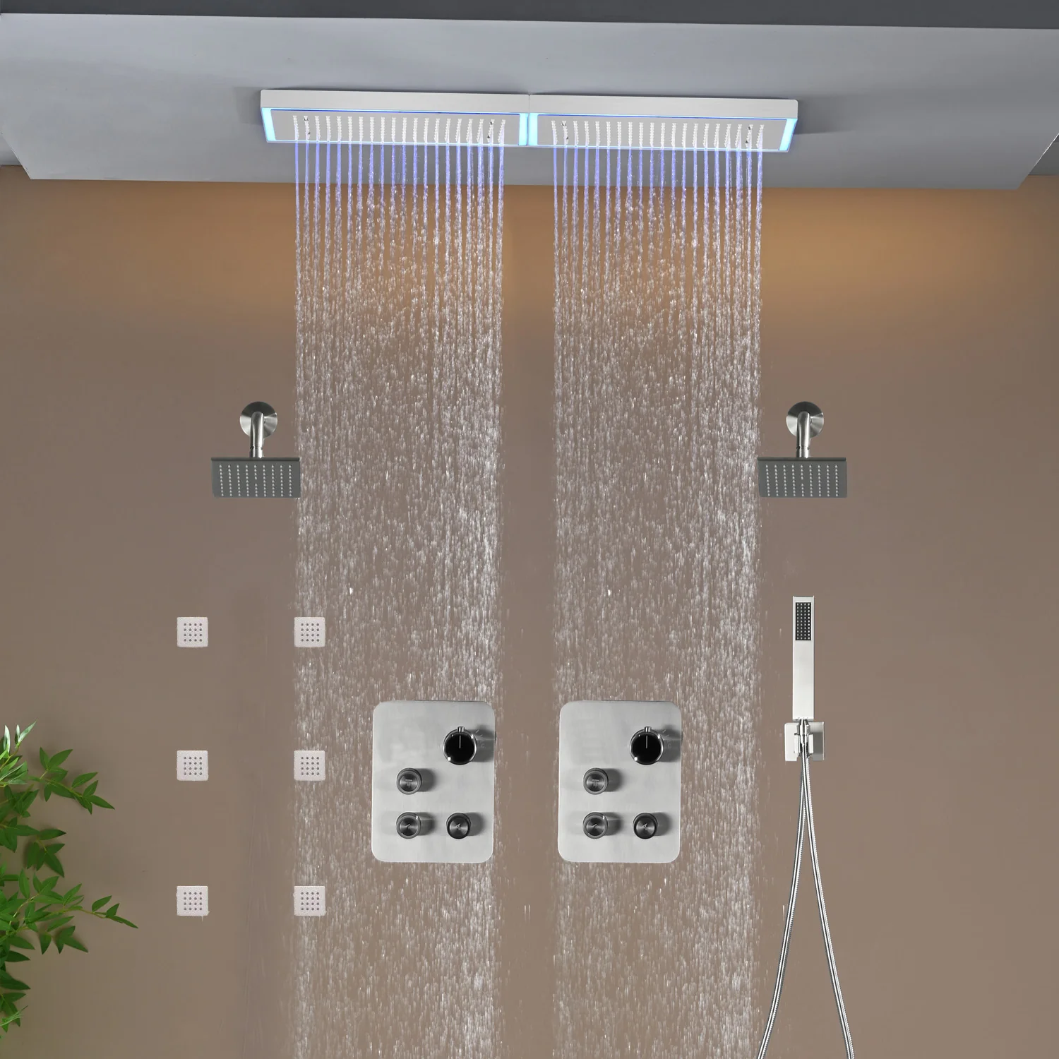 Flush Mount 32 x 8 inch Rainfall 64 LED Light Shower Head with 6-Way Thermostatic Faucet and High-Pressure Dual Regular Heads,6 body jets - Image 17